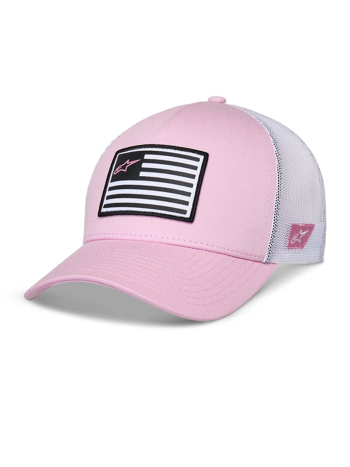 Alpinestars Flag Snapback Hat, Pink and White, curved bill with structured crown, twill front with white mesh back, featuring a black and white flag patch with pink Astars logo, casual motorsport-inspired sportswear