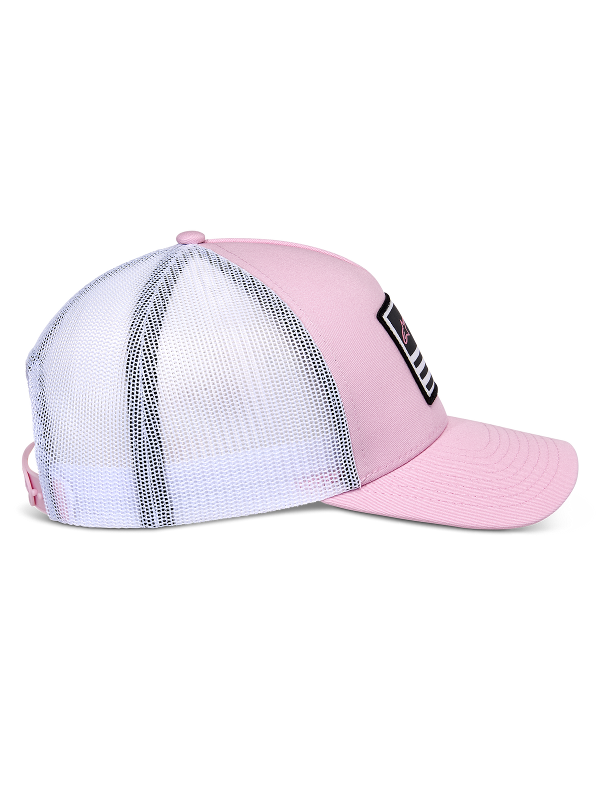 Alpinestars Flag Snapback Hat, Pink and White, side view showing pink twill front and white mesh back, curved bill, structured crown, black patch with white and pink details, casual motorsport-inspired headwear