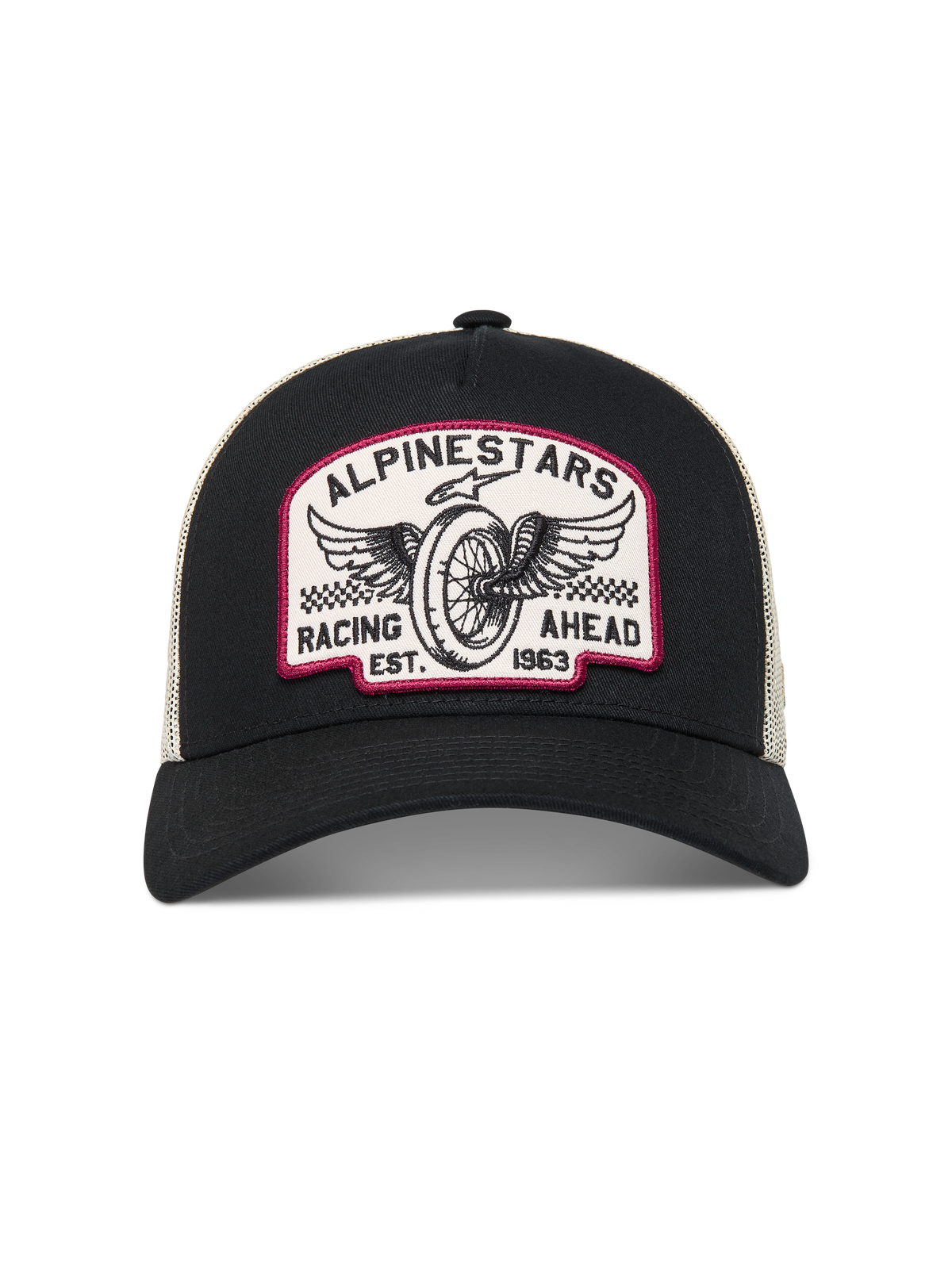 Alpinestars Heritage Patch Trucker Hat, Black and Natural mesh with vintage winged wheel racing embroidery patch.