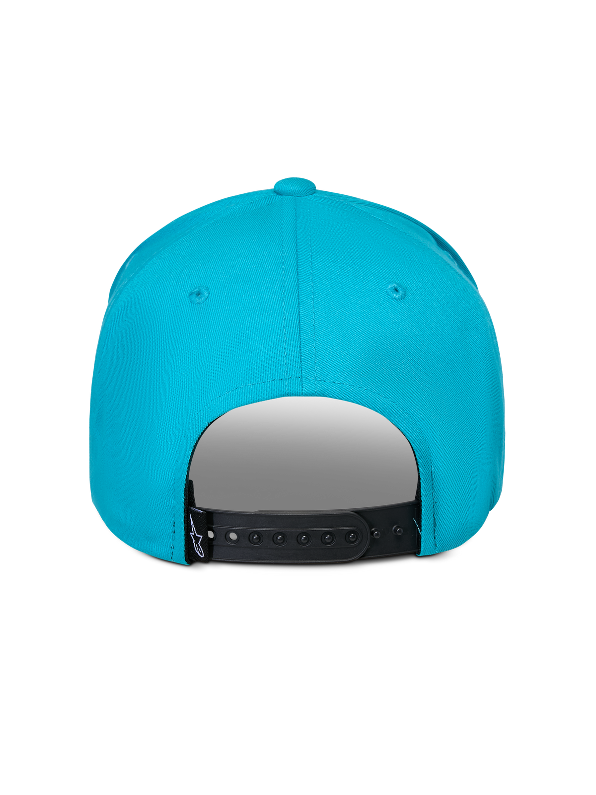 Alpinestars Luminary Hat, Aqua Blue, Back view showing adjustable black snapback closure, small black logo tag, 100% cotton twill, casual sportswear headwear.