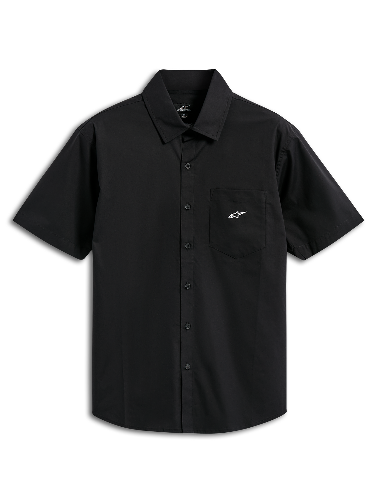 Alpinestars Strive Woven Shirt, Short Sleeve Button-Up Shirt, Black, featuring a white Astar logo on the chest pocket, classic collar and button-front placket, casual motorsport-inspired streetwear