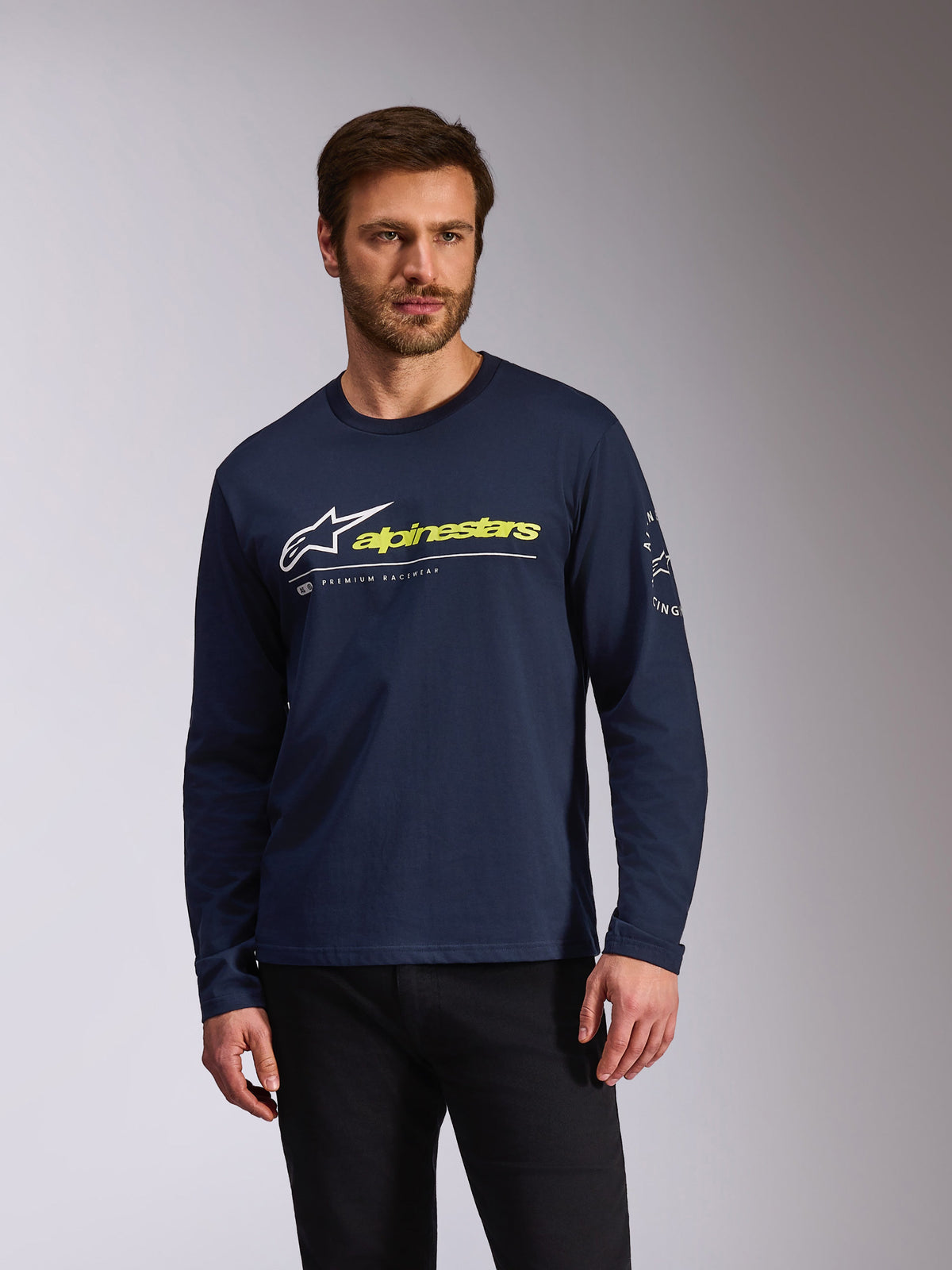 Alpinestars Mandatory CSF Tee, Long Sleeve T-Shirt, Navy Blue, White and Yellow Alpinestars Branding, White Circular Sleeve Logo, Casual Motorsport Sportswear