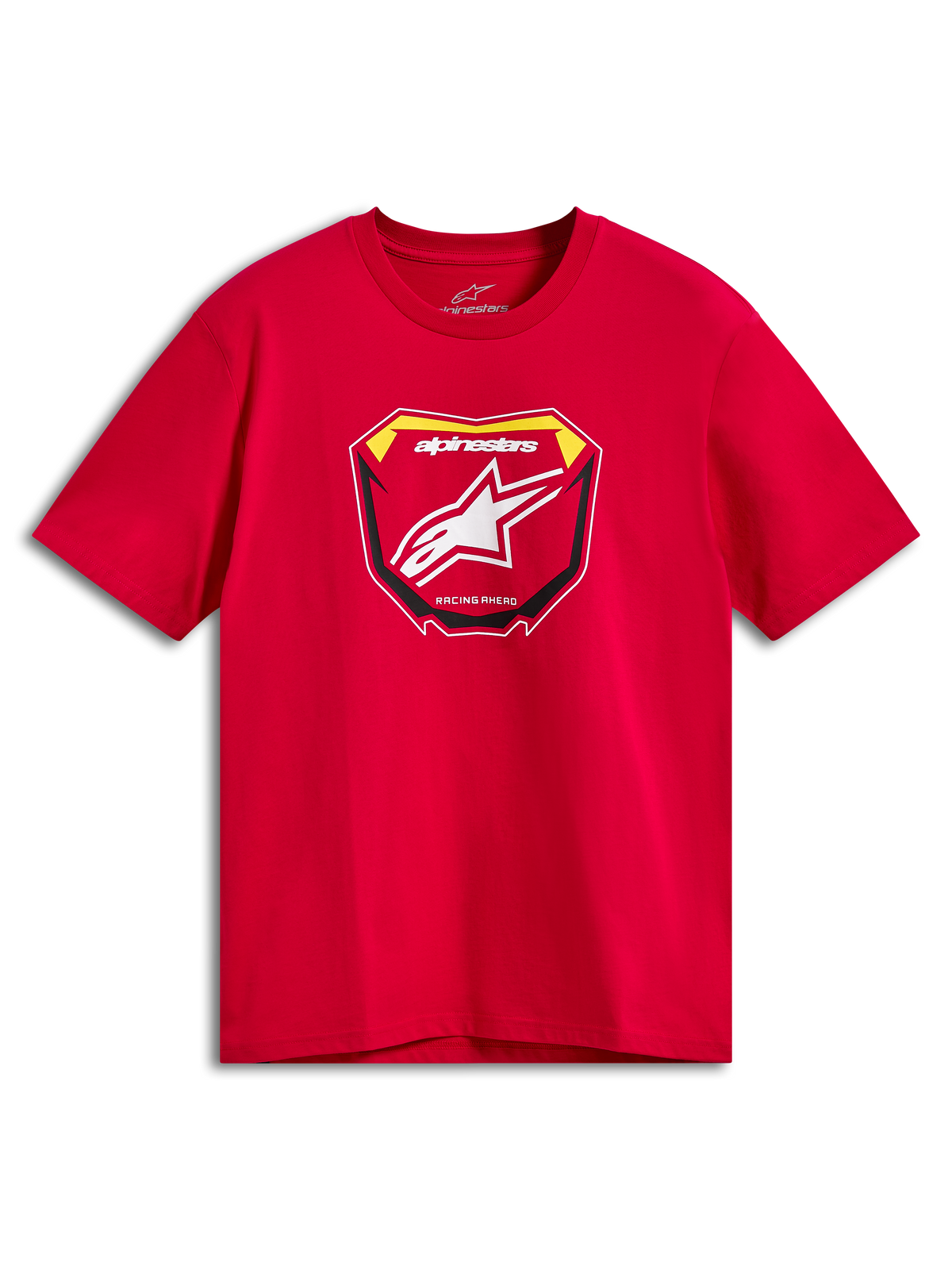 Alpinestars Plate CSF Tee, Short Sleeve T-Shirt, Red, Front MX Plate Graphic with White Astars Logo and Racing Ahead Text, Casual Motorsport Sportswear