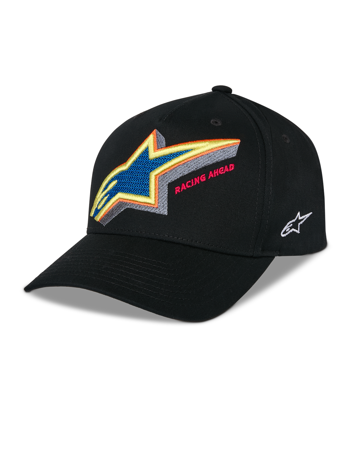 Alpinestars Lucid Snapback Hat, Black structured baseball cap, vibrant multi-color embroidered Astars logo with 'Racing Ahead' text on the front, curved bill, white side logo embroidery, casual motorsport headwear