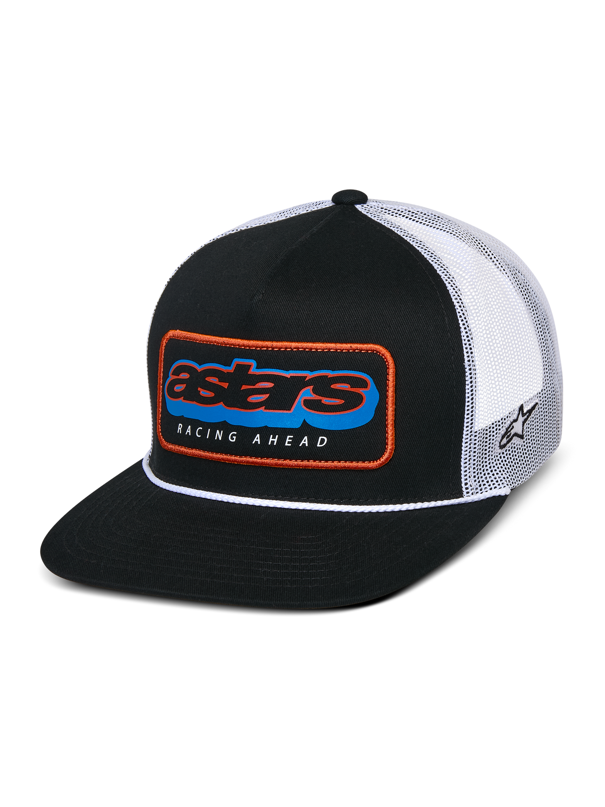 Alpinestars Phosphor Trucker Hat, Black and White, flat bill with structured crown and white rope detail, front Astars multi-color patch with orange border and "RACING AHEAD" text, breathable white mesh back with side logo embroidery