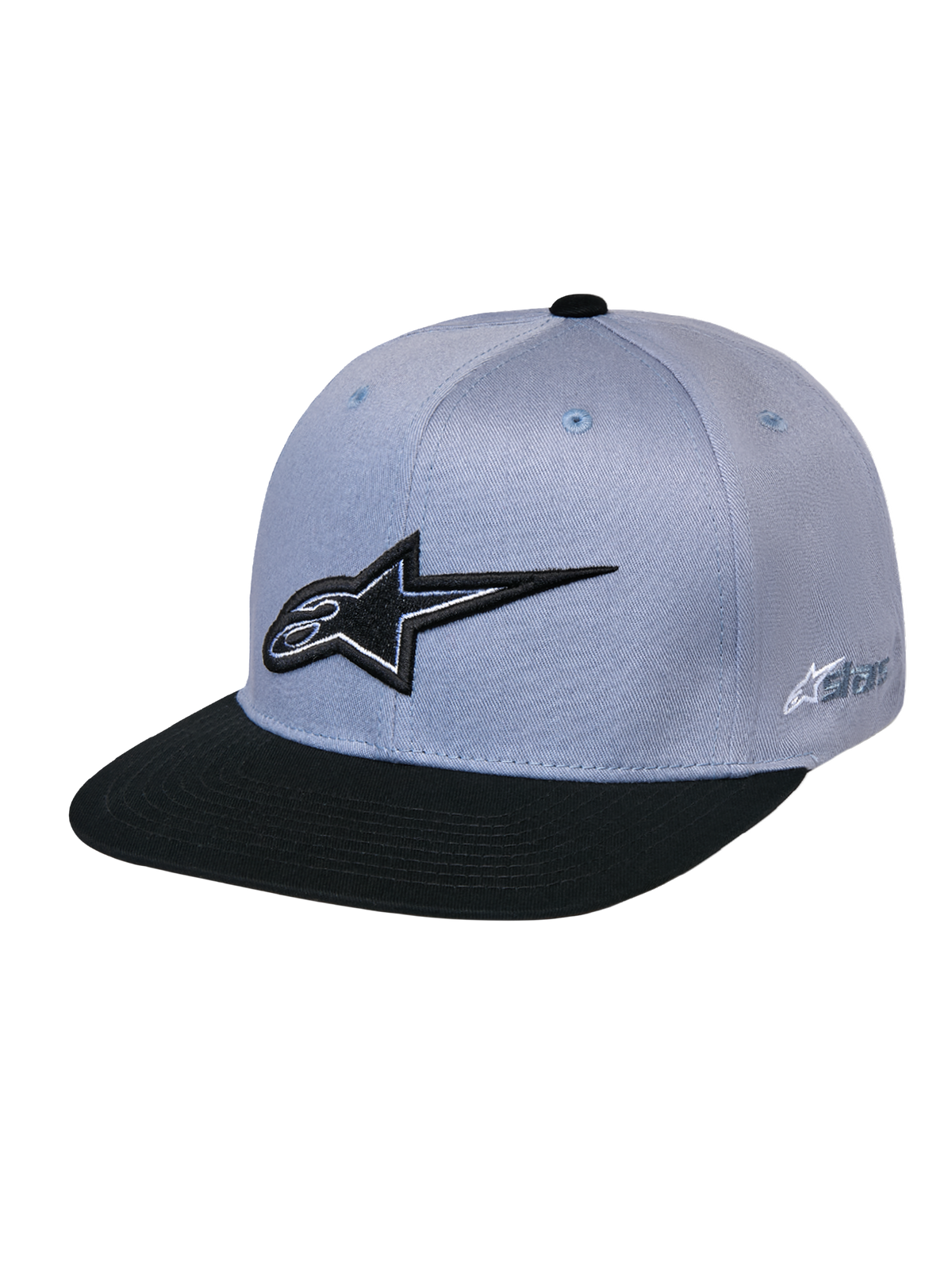 Alpinestars Thickness Snapback Hat, Grey and Black, featuring a structured crown and flat bill, black 3D embroidered Astars logo on front, side logo branding, casual motorsport-inspired headwear