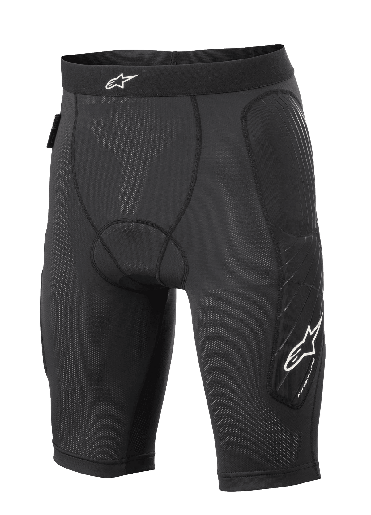 Alpinestars Paragon Lite Protection Shorts, MTB Protective Shorts, Black, lightweight breathable mesh construction with perforated fabric, hip and side leg padding, white star logo on waistband and leg, compression-style fit for off-road cycling