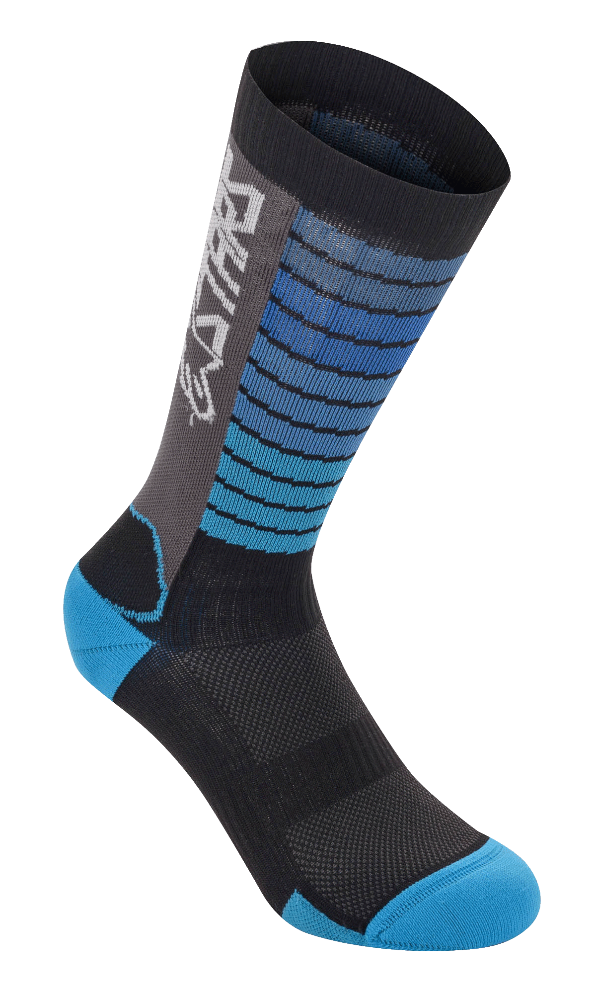 Alpinestars Drop Socks, MTB Cycling Socks, Black and Aqua Blue, horizontal stripe pattern on the upper leg, grey side panel with white logo, reinforced aqua heel and toe, breathable mesh fabric