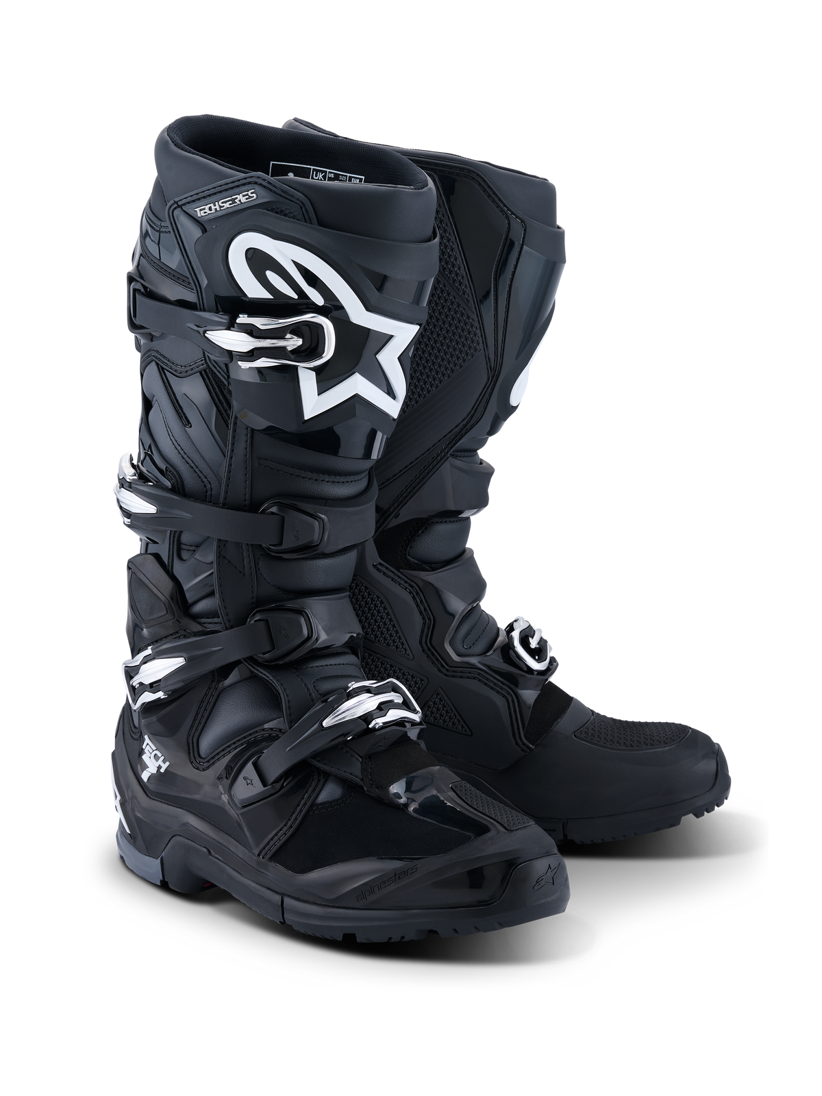 Alpinestars 2026 Tech 7 Enduro Boots, Motorcycle Enduro Boots, Black Anthracite and White, featuring a four-buckle closure system, white A-star logo on the shin plate, rugged dual-compound sole for off-road traction