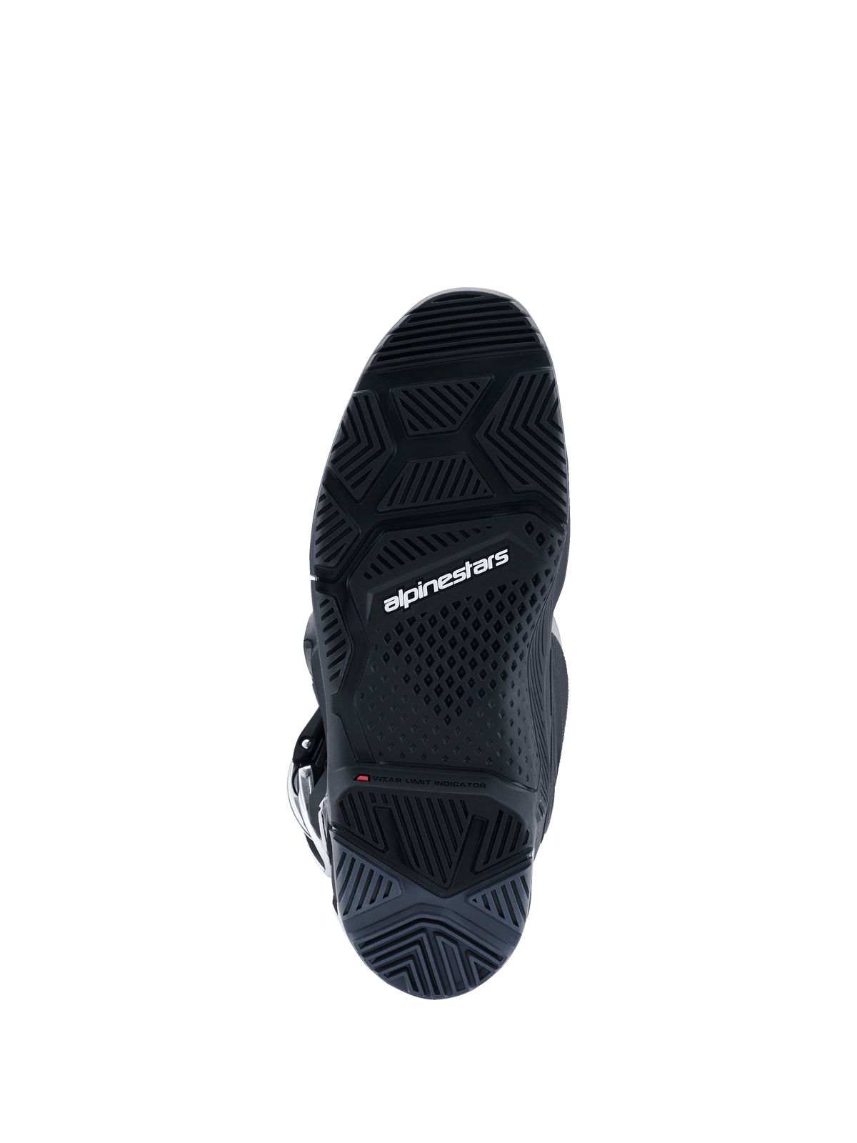 Alpinestars 2026 Tech 7 Enduro Boots, Black Anthracite White, bottom view showing the specialized Enduro-spec dual compound sole, intricate tread pattern for off-road traction, white Alpinestars branding and wear limit indicator