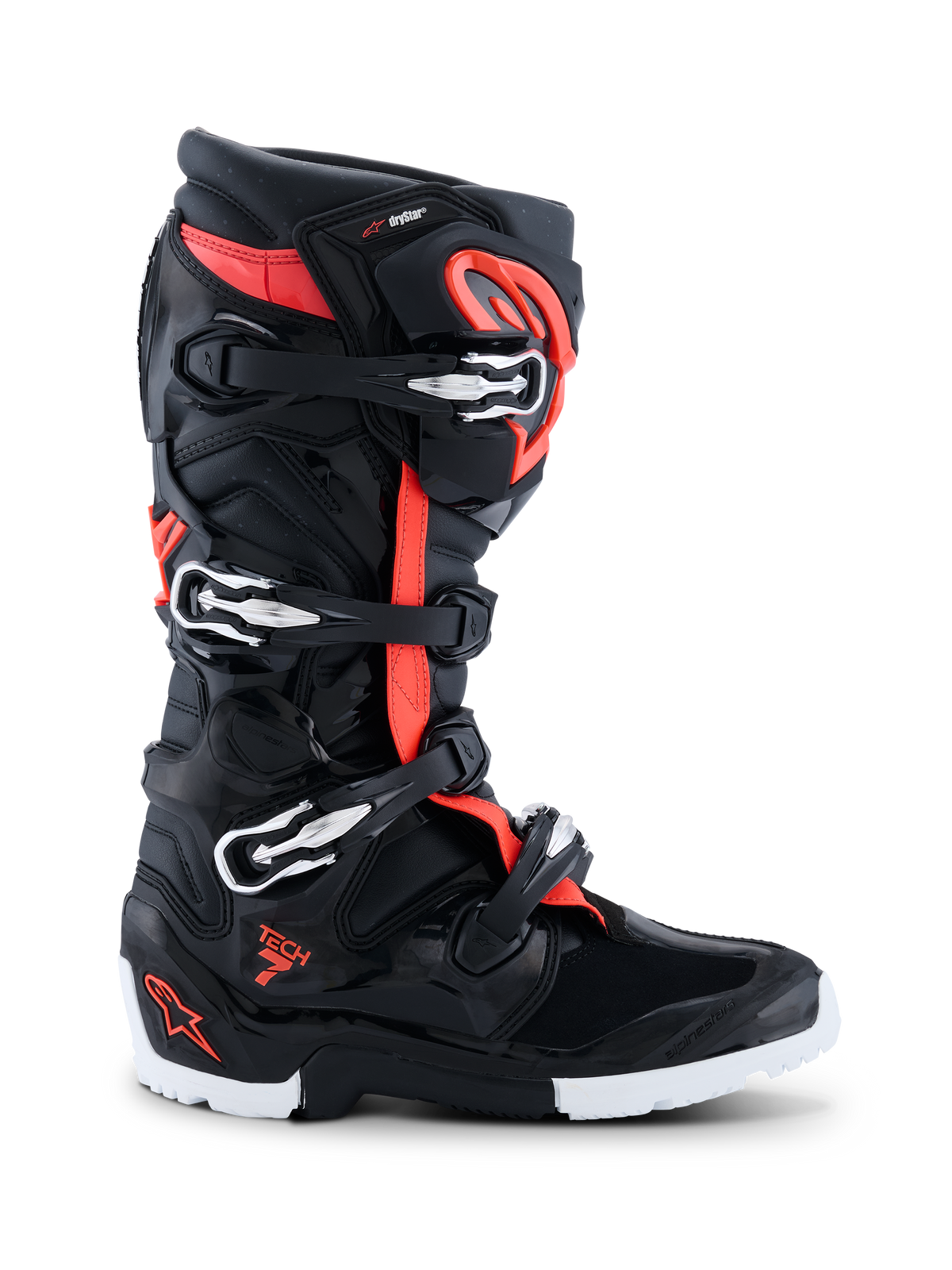 Alpinestars 2026 Tech 7 Enduro Drystar® Boots, Motocross and Enduro footwear, Black Red Fluo and White, side profile showing four silver and black buckles, TPU reinforced shell, and rugged enduro-specific white and black sole, featuring Drystar branding and Tech 7 logo