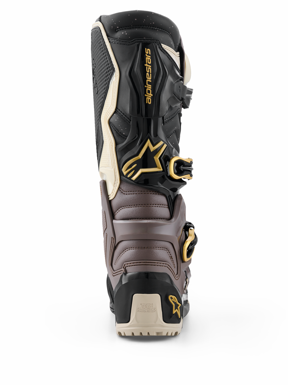 Alpinestars 2026 Tech 7 Enduro Drystar® Boots, Black Dark Gray and Gold, rear view showing protective TPU shell, gold buckles, and Alpinestars logo, high-performance enduro footwear