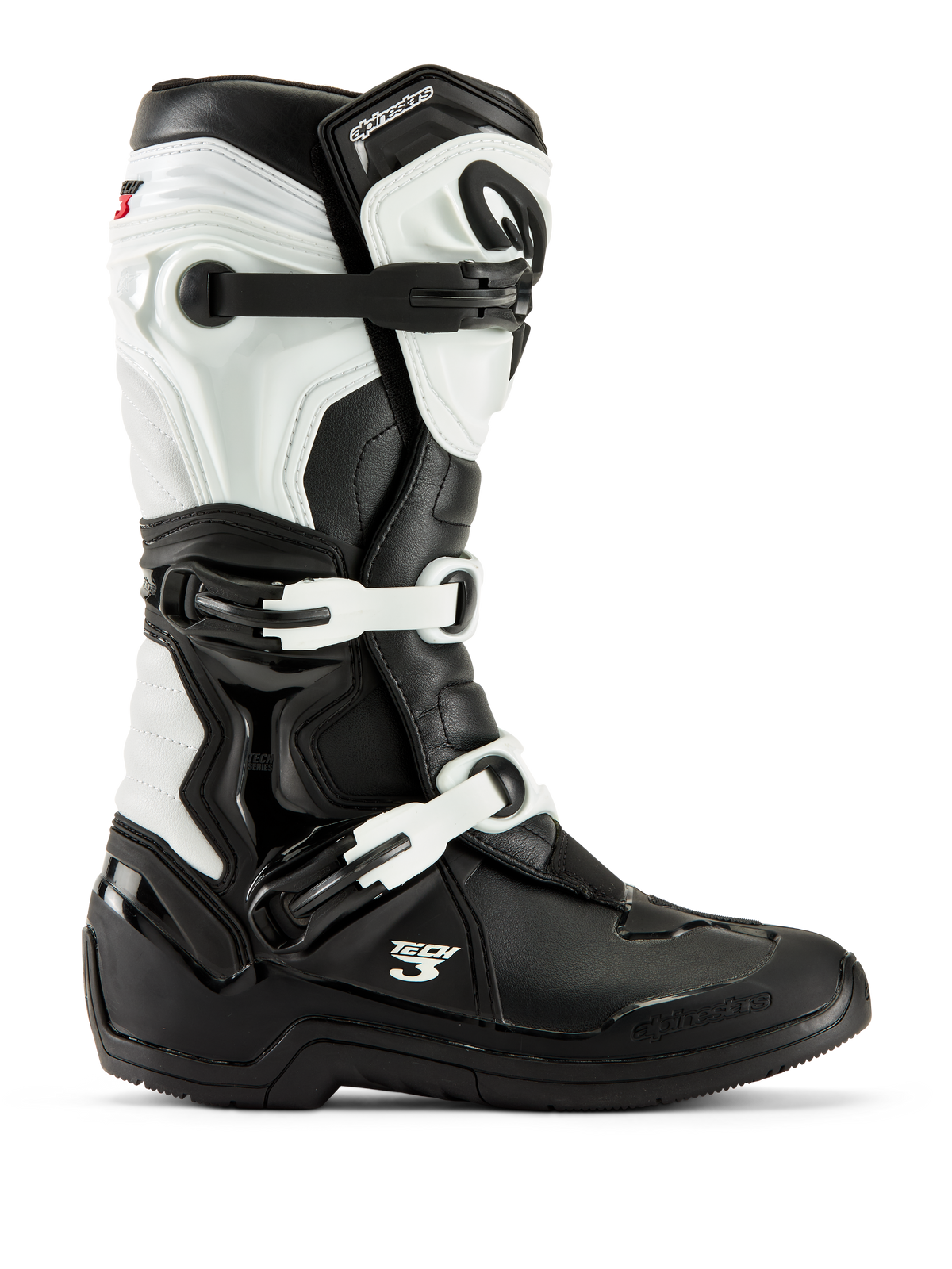 Alpinestars Tech 3 Boots, Motocross Boots, Black and White, side profile view featuring three-buckle closure system, protective TPU panels, and durable synthetic construction for off-road racing