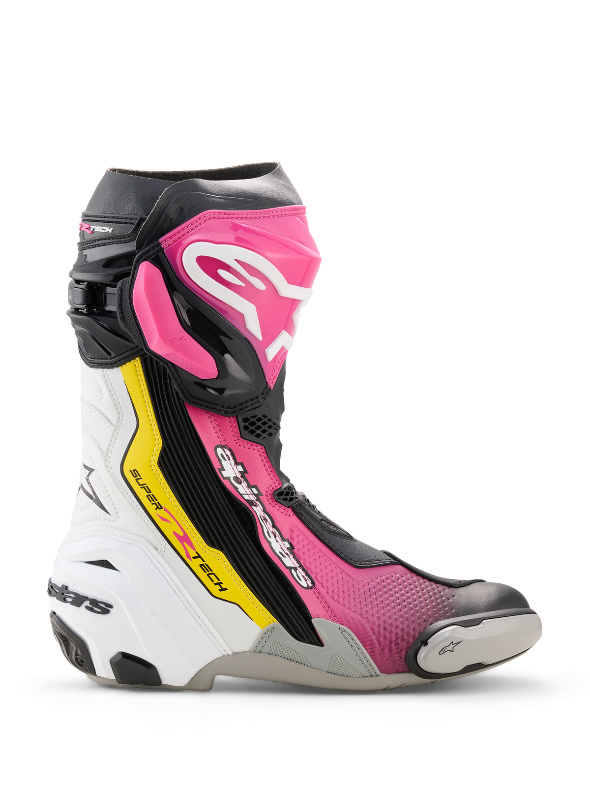 Alpinestars Supertech R Boots, high-performance racing motorcycle boot in Black, Magenta, White, and Yellow Fluo, side profile featuring TPU protection, replaceable toe slider, and ergonomic racing design.