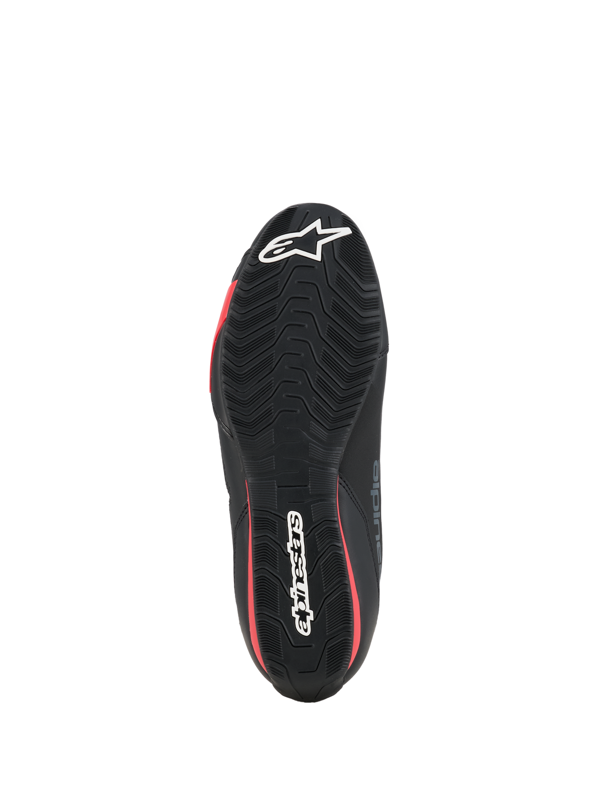 Alpinestars Celer Shoes, Motorcycle Riding Shoes, Black and Bright Red, bottom view showing the textured rubber sole with white Alpinestars branding and red accents.