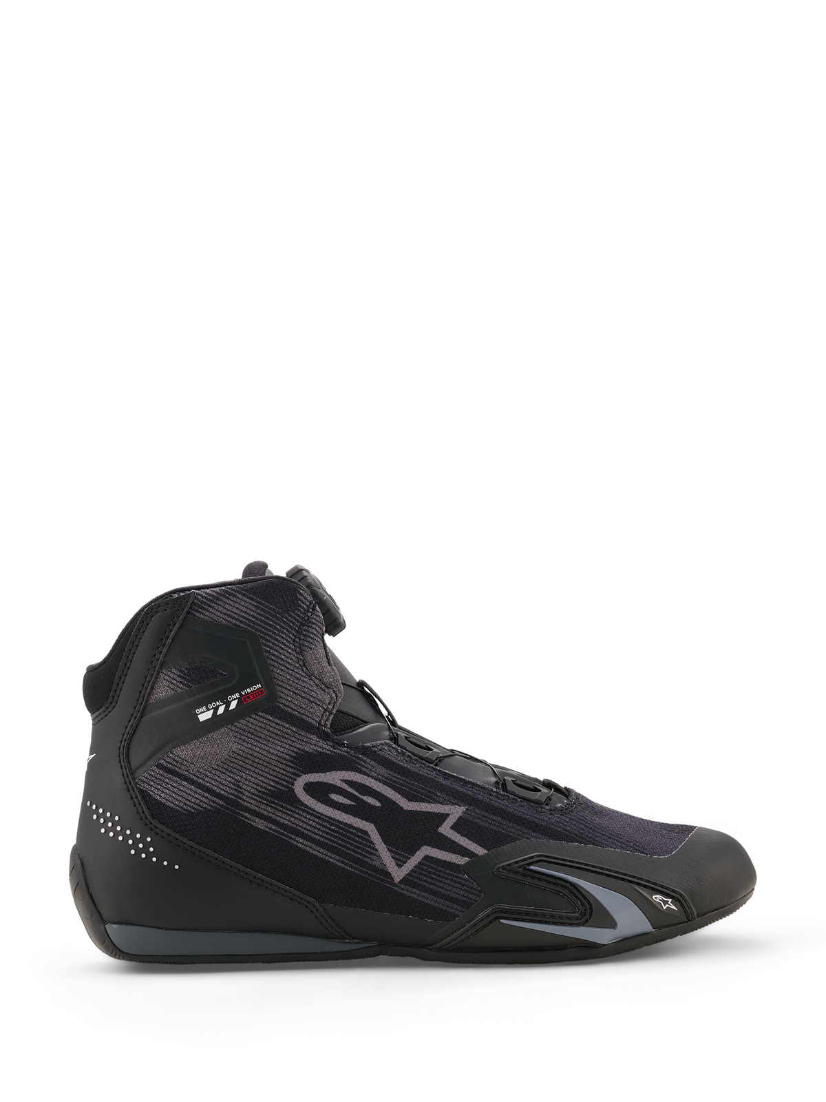 Alpinestars Celer Superair Shoes, motorcycle riding shoes, Black and Dark Gray, side profile with high-airflow textile construction, featuring a Rotor Closure System and protective TPU reinforcements, sleek athletic motorsport design.