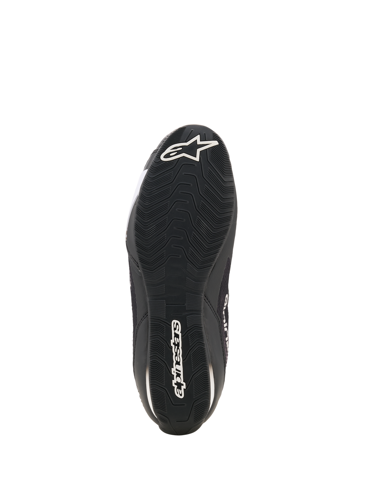 Alpinestars Celer Superair Shoes, Motorcycle Riding Shoes, Black and White, bottom view showing the oil-resistant rubber outsole with textured tread, white Alpinestars logo on the heel and brand name along the center for grip and performance