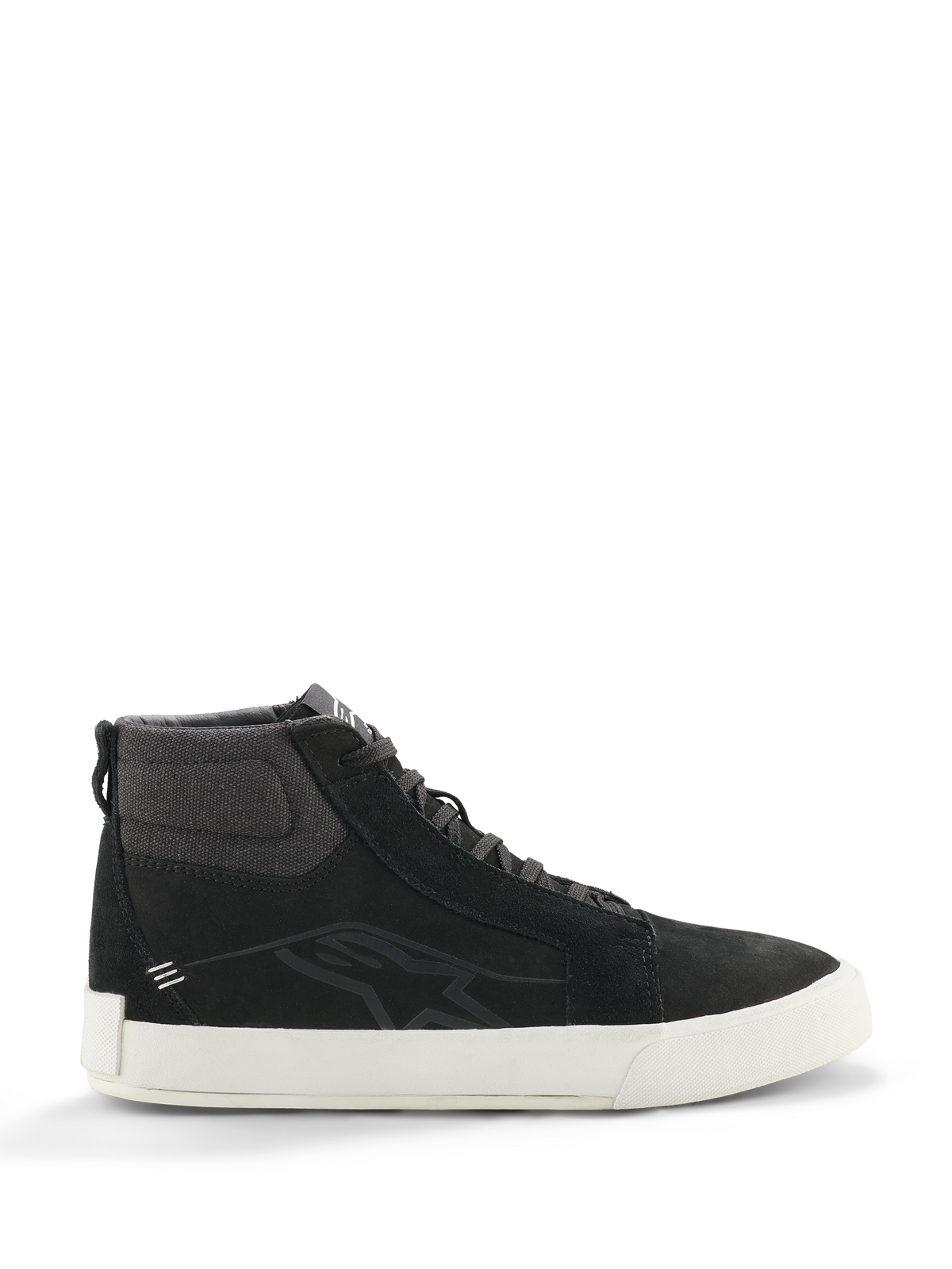 Alpinestars Ride-63 Leather Shoes, Black High-Top Sneakers, Motorcycle Urban Footwear, White Sole, Textured Fabric Ankle Collar, Black Suede Panels, Minimalist Design