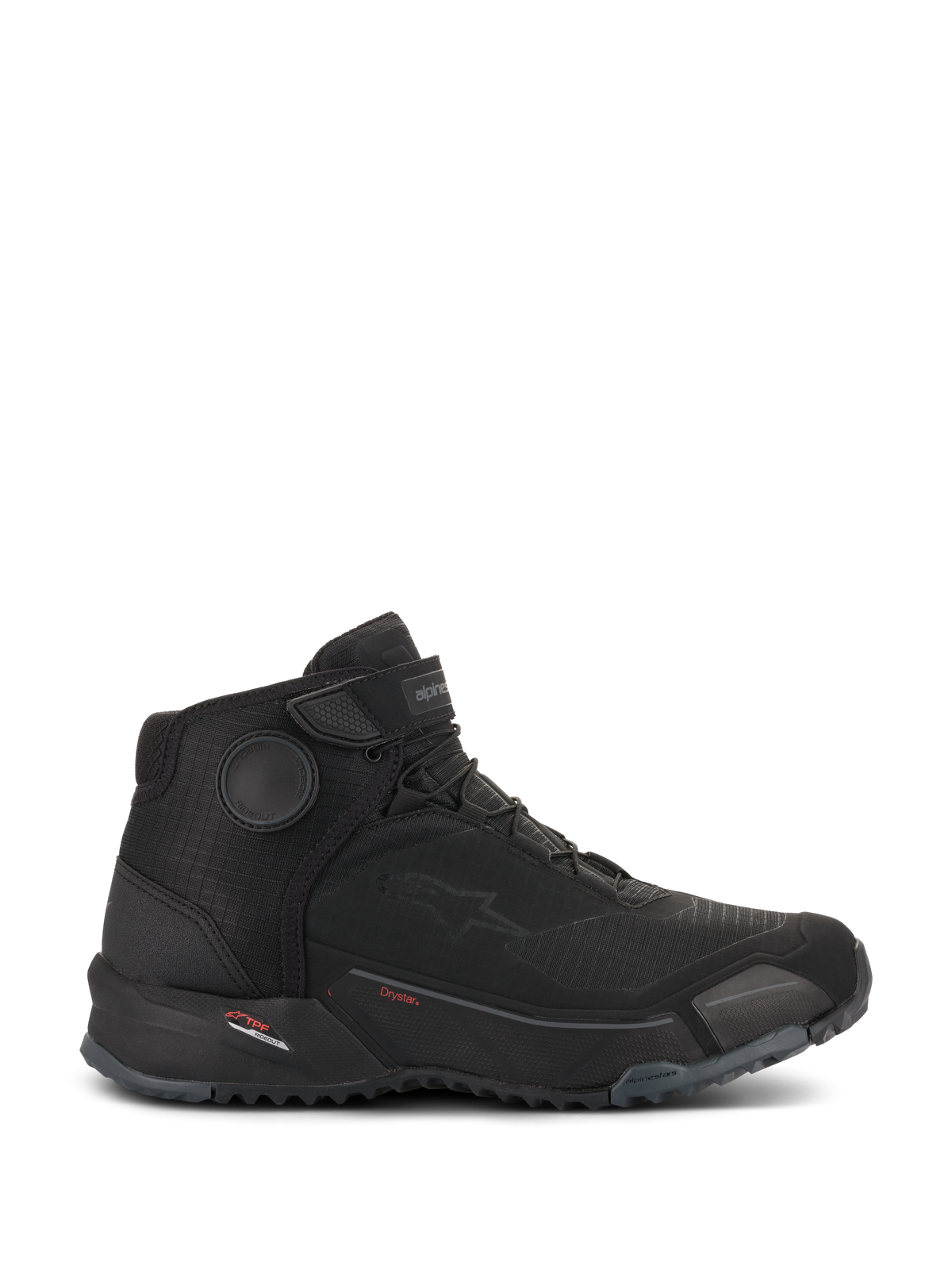 Alpinestars CR-X Drystar® Riding Shoes, Motorcycle Riding Shoes, Black, side profile view, sleek sneaker-inspired design with a rugged outsole, featuring Drystar branding and protective ankle discs