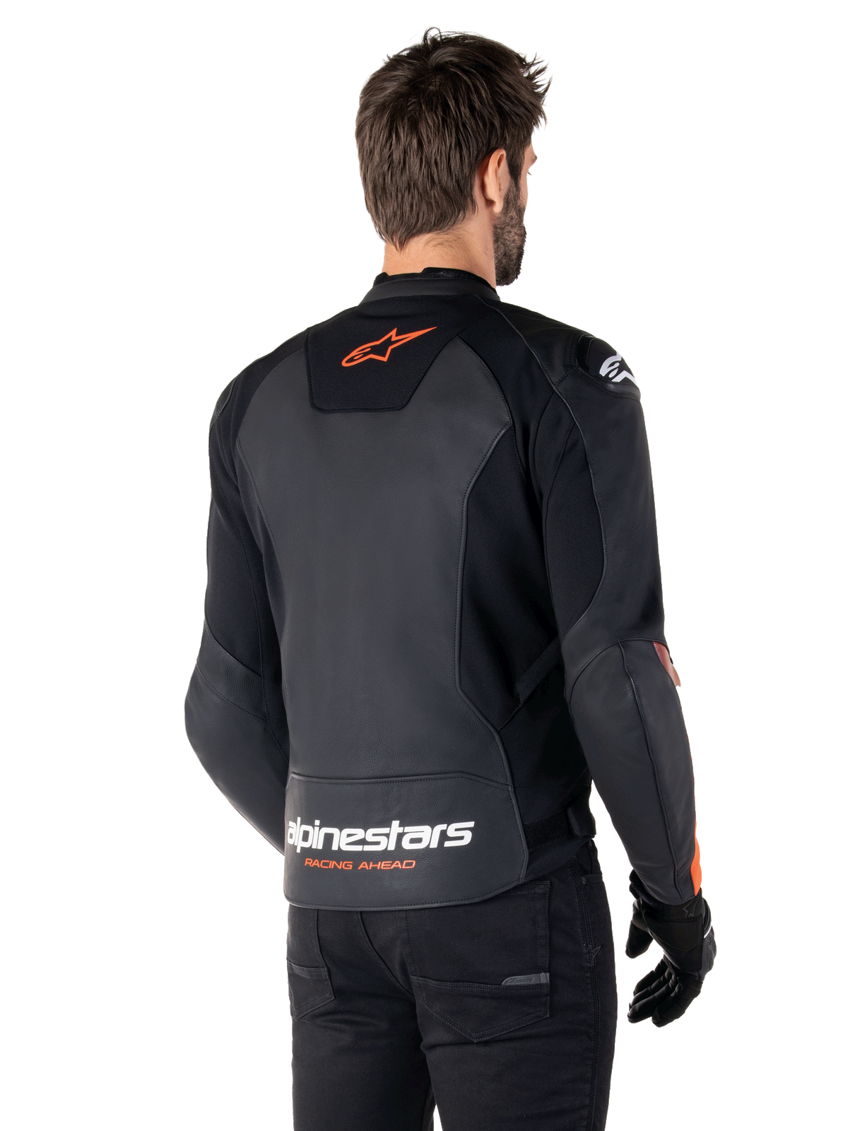 Alpinestars Faster V3 Leather Jacket, Sport Motorcycle Jacket, Black and Red Fluo, featuring premium leather construction, HRSF stretch panels, and DFS GP Lite shoulder protectors, sleek racing-derived design with technical details.