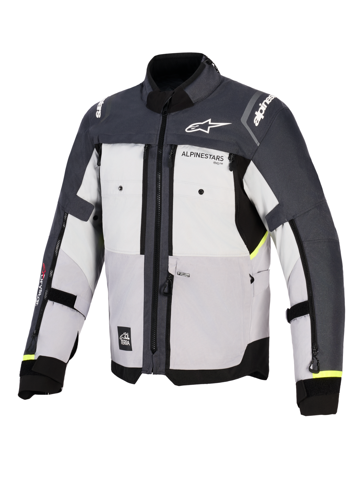 Alpinestars Cusco Drystar® Jacket, men's adventure touring motorcycle jacket in ice gray, mid gray, and deep gray, front view showing waterproof textile construction and direct ventilation panels