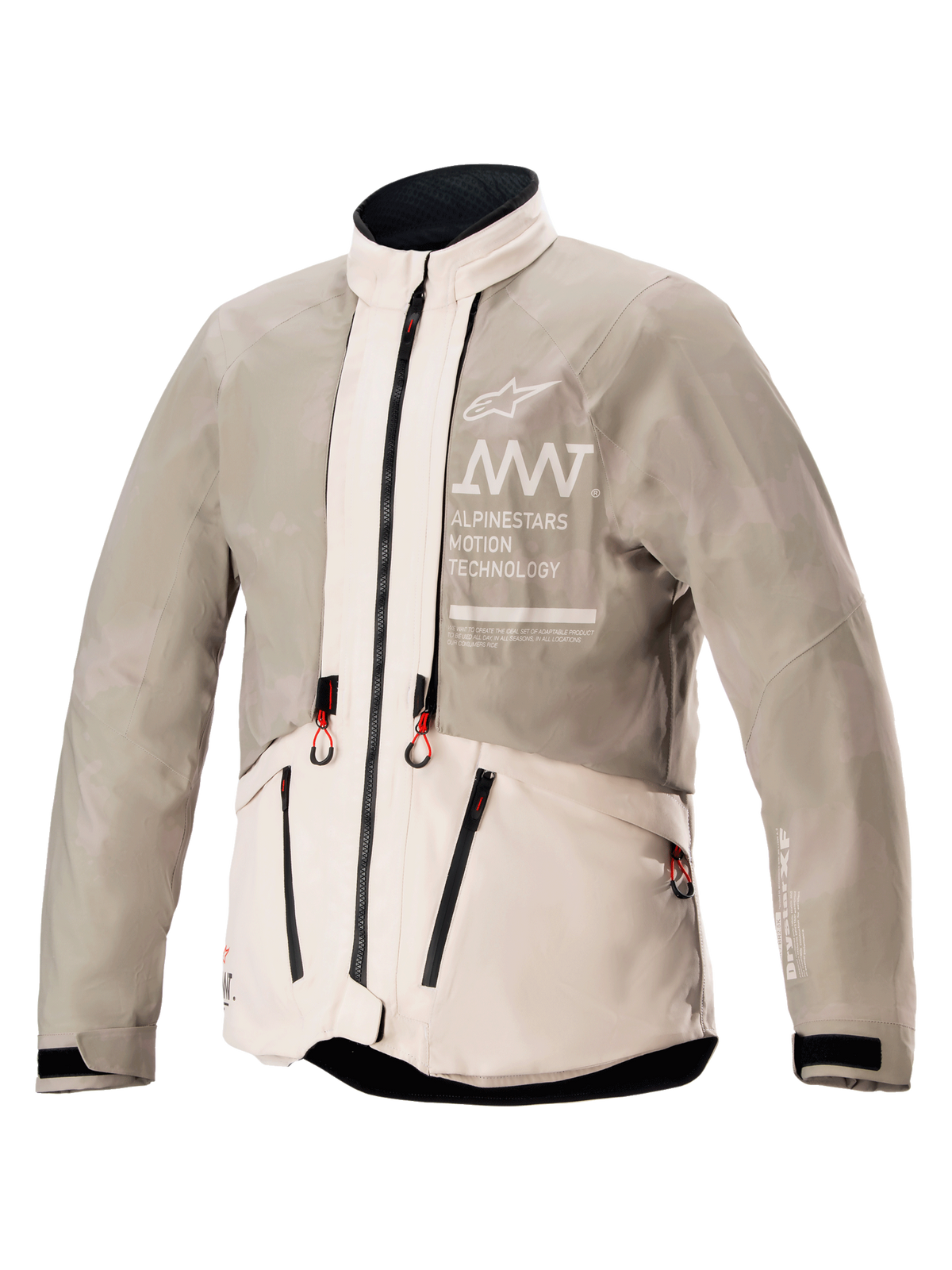 Alpinestars AMT-10LAB Drystar XF Jacket, men's adventure touring motorcycle jacket in white sand and aluminum camo, front view showing waterproof textile rain configuration and branded chest graphics