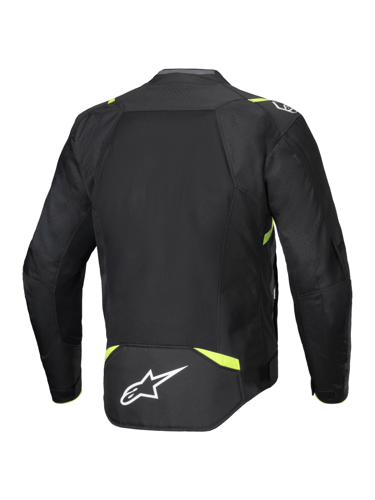 Alpinestars T-SPS Air V2 Jacket, Textile Motorcycle Jacket, Black and Yellow Fluo, rear view featuring large mesh panels for airflow, fluorescent yellow accents on shoulders and waist, white Alpinestars logo on lower back