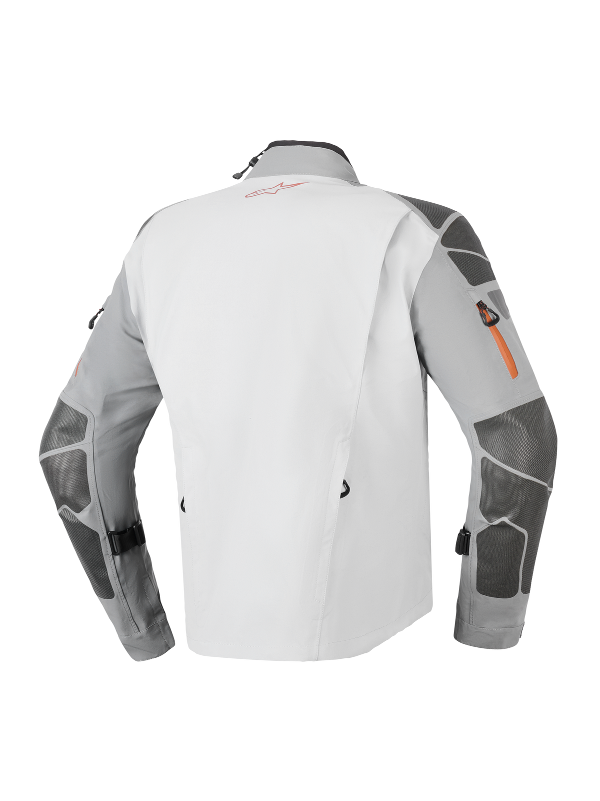 Alpinestars Nazca 3L GORE-TEX PRO Jacket, adventure motorcycle jacket, dark gray and mid gray, rear view featuring Superfabric reinforcements on sleeves and shoulders, orange zipper detailing, and technical 3-layer laminated construction.