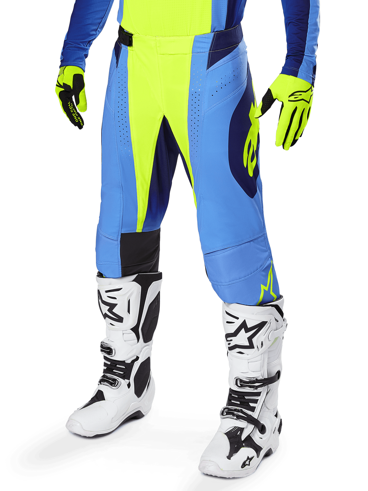 Alpinestars 2025 Techstar Melt Pants, Motocross Pants, Yellow Fluo Blue, worn with matching yellow and blue gloves and white motocross boots, featuring ergonomic cut and ventilation for off-road racing performance.