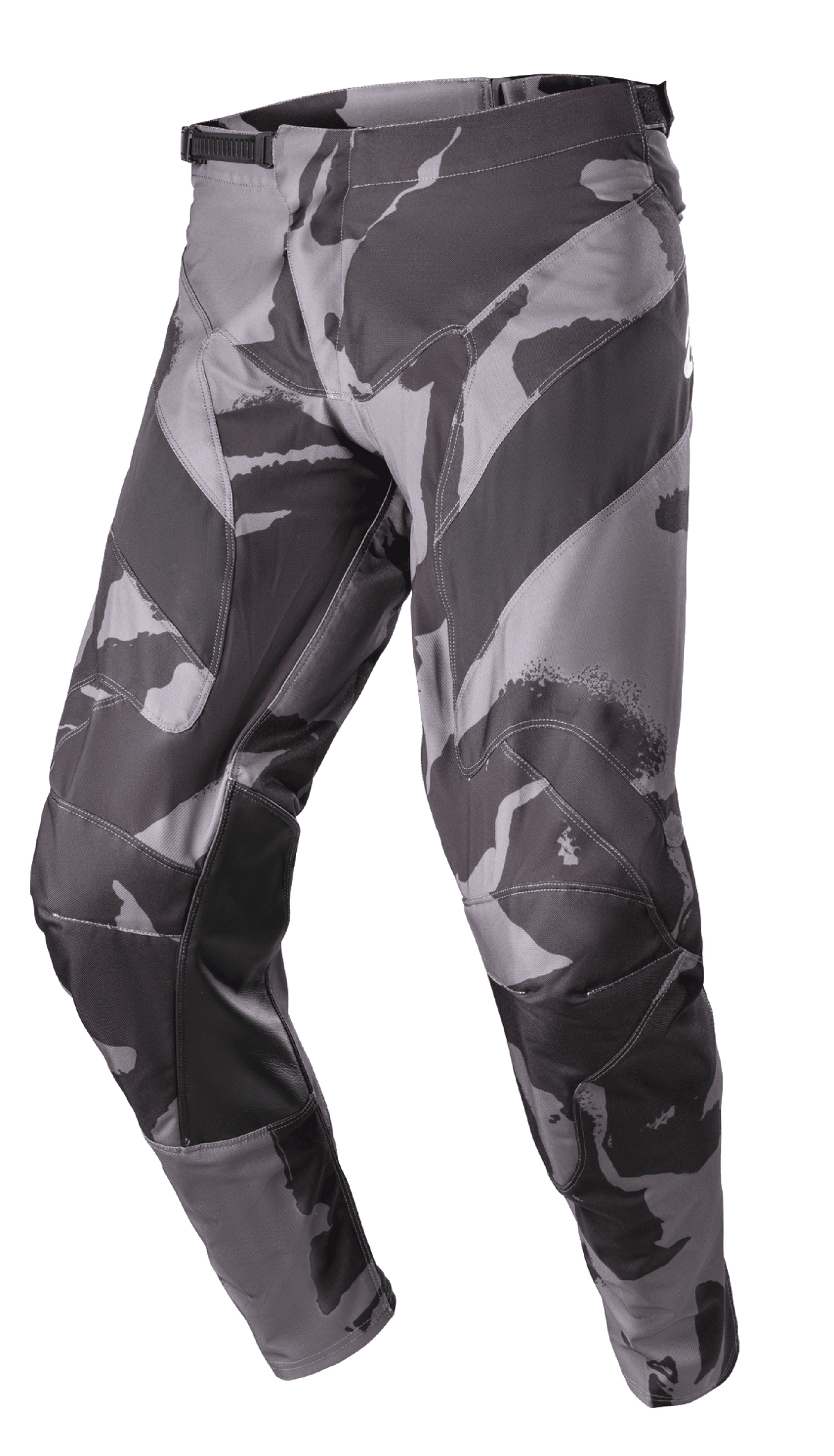 Alpinestars 2023 Racer Tactical Pants, Motocross Off-Road Pants, Iron Camo Gray and Black, featuring leather-reinforced inner legs, ratchet waist adjustment, and a durable 600D poly-fabric construction