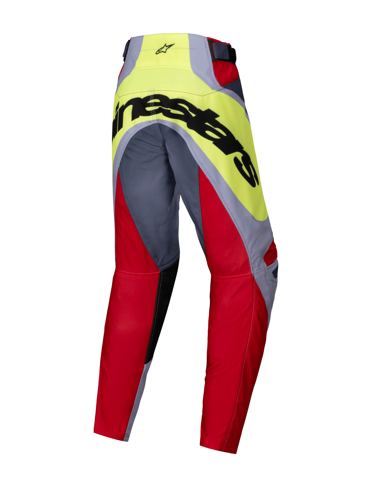 Alpinestars 2025 Youth Racer Melt Pants, Motocross Pants, Bright Red and Gray with Neon Yellow, rear view showing large black Alpinestars branding across the seat, pre-curved design for off-road performance