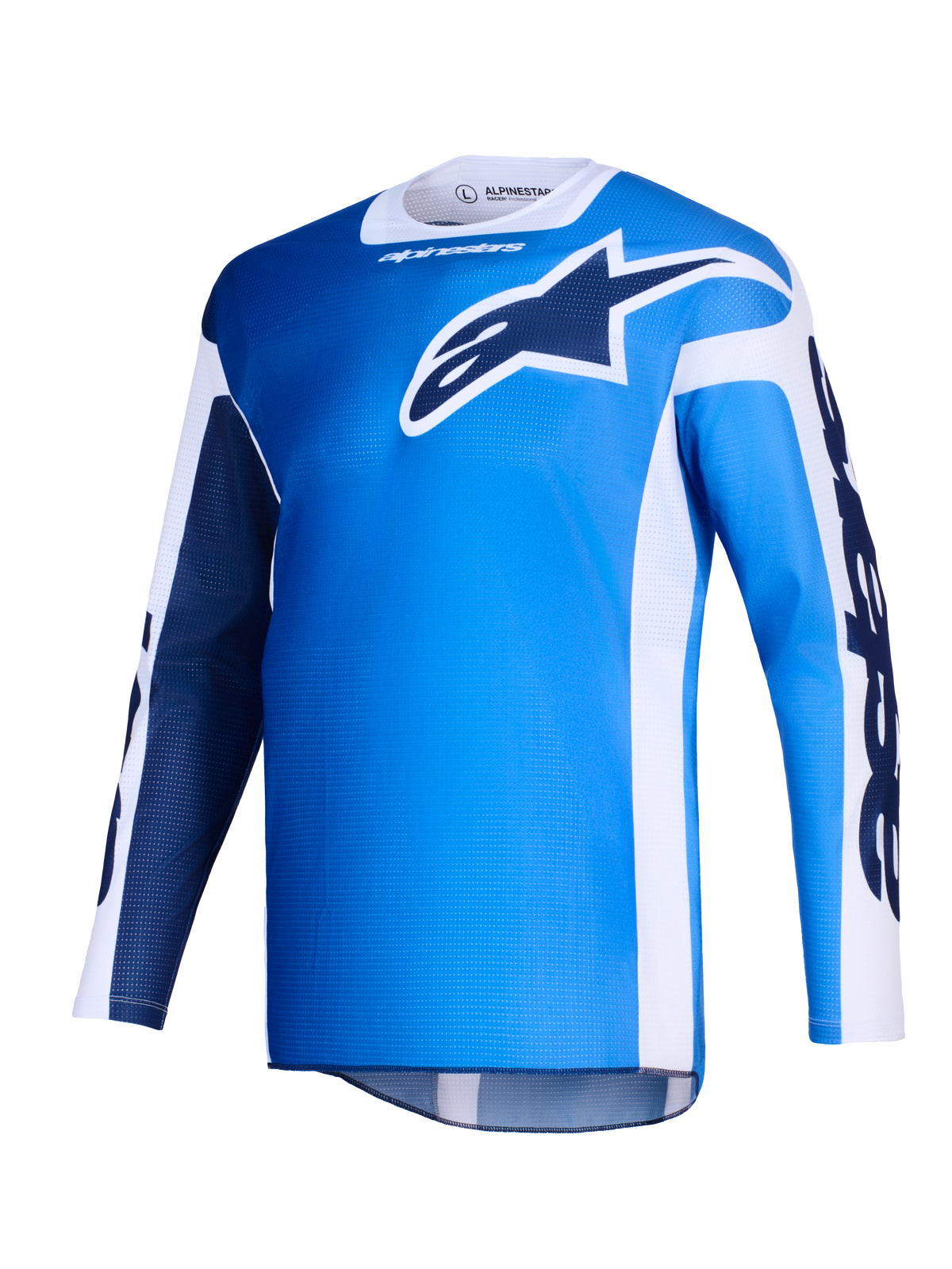 Alpinestars 2026 Racer Air Portl Jersey, Motocross Jersey, Ucla Blue and White, featuring a large dark blue Astars logo on the chest, white side panels, and lightweight mesh texture for high airflow