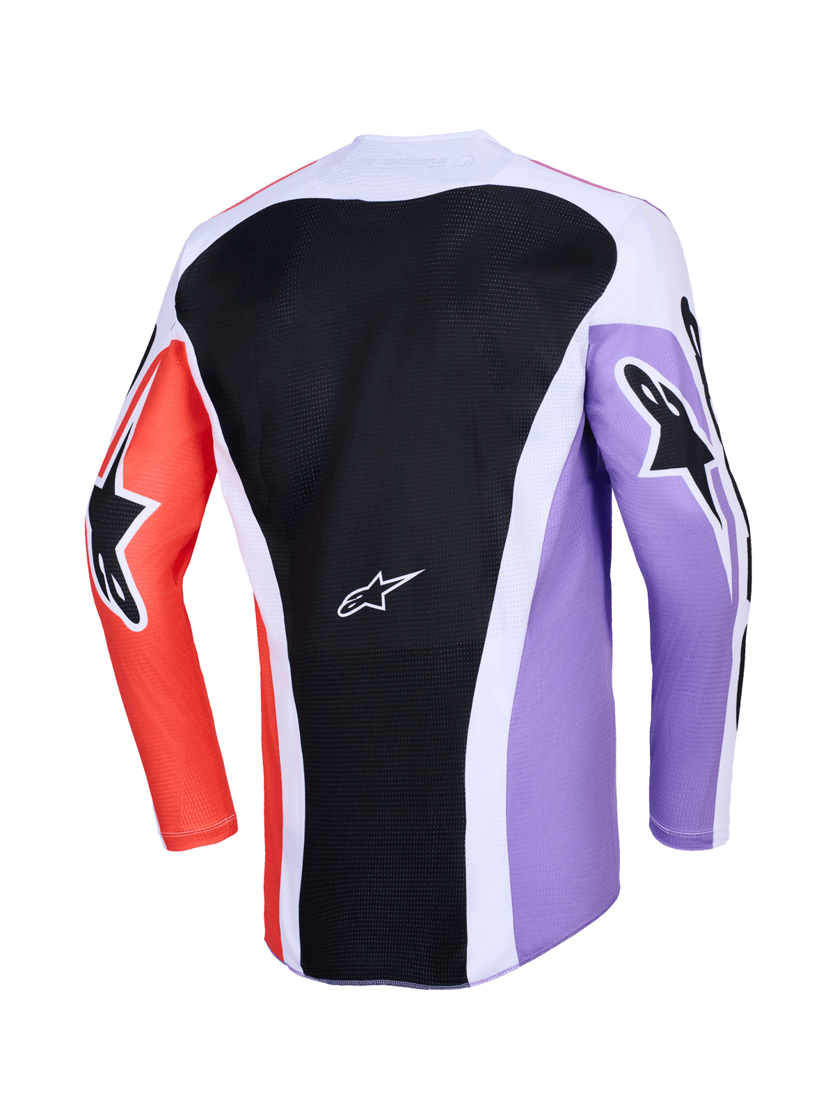 Alpinestars 2026 Racer Air Portl Jersey, back view of long-sleeve motocross jersey, multicolor design featuring a black mesh back panel, purple and orange sleeves with black star logos, white accents, and breathable construction for off-road riding.