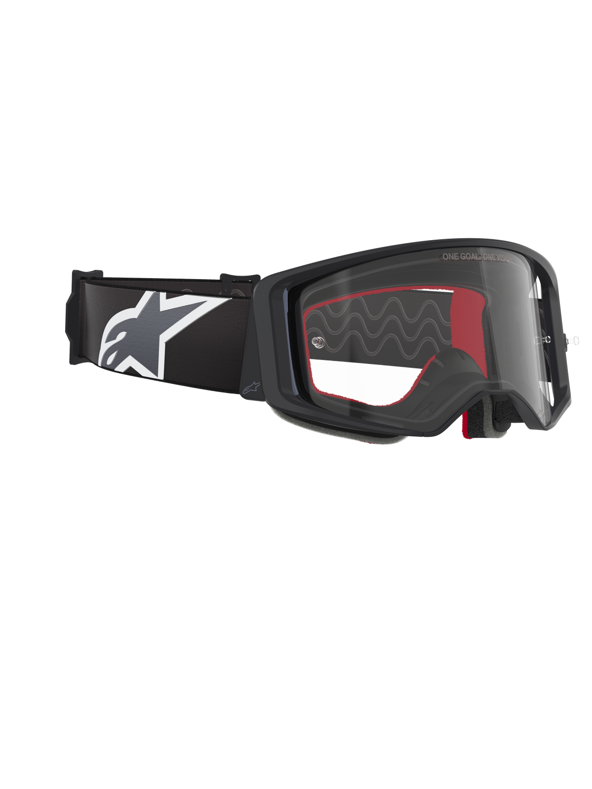 Alpinestars Supertech Corp Goggles, Motocross Goggles, Black Grey Clear, featuring a clear polycarbonate lens, wide black strap with a grey and white Astars logo, 3D molded face foam, high-performance protective eyewear for off-road racing
