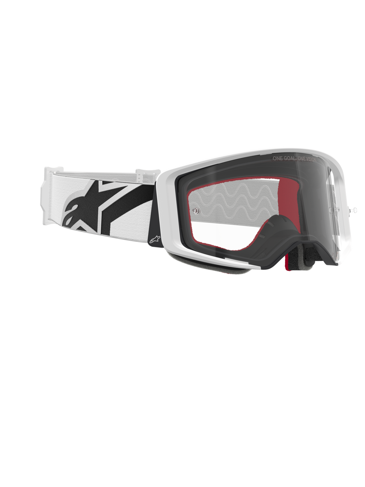 Alpinestars Supertech Corp Goggles, Motocross Goggles, White and Clear, white strap with large black Alpinestars logo, clear injection-molded lens, white double-injected frame, performance eyewear for off-road racing