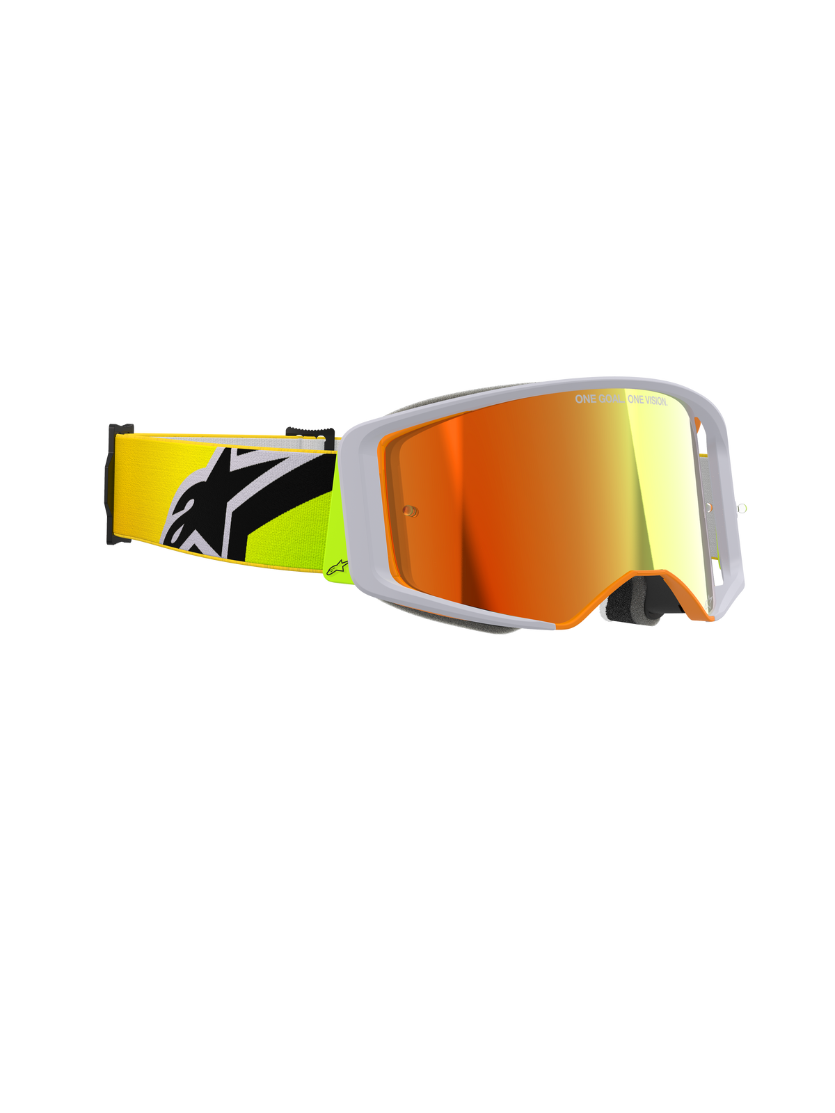 Alpinestars Supertech Corp Goggles Absolute Vision, Motocross Goggles, Yellow Fluo and Grey, Mirror Red lens, side view featuring wide peripheral vision and a fluo yellow strap with a bold black Alpinestars logo, professional off-road racing gear.