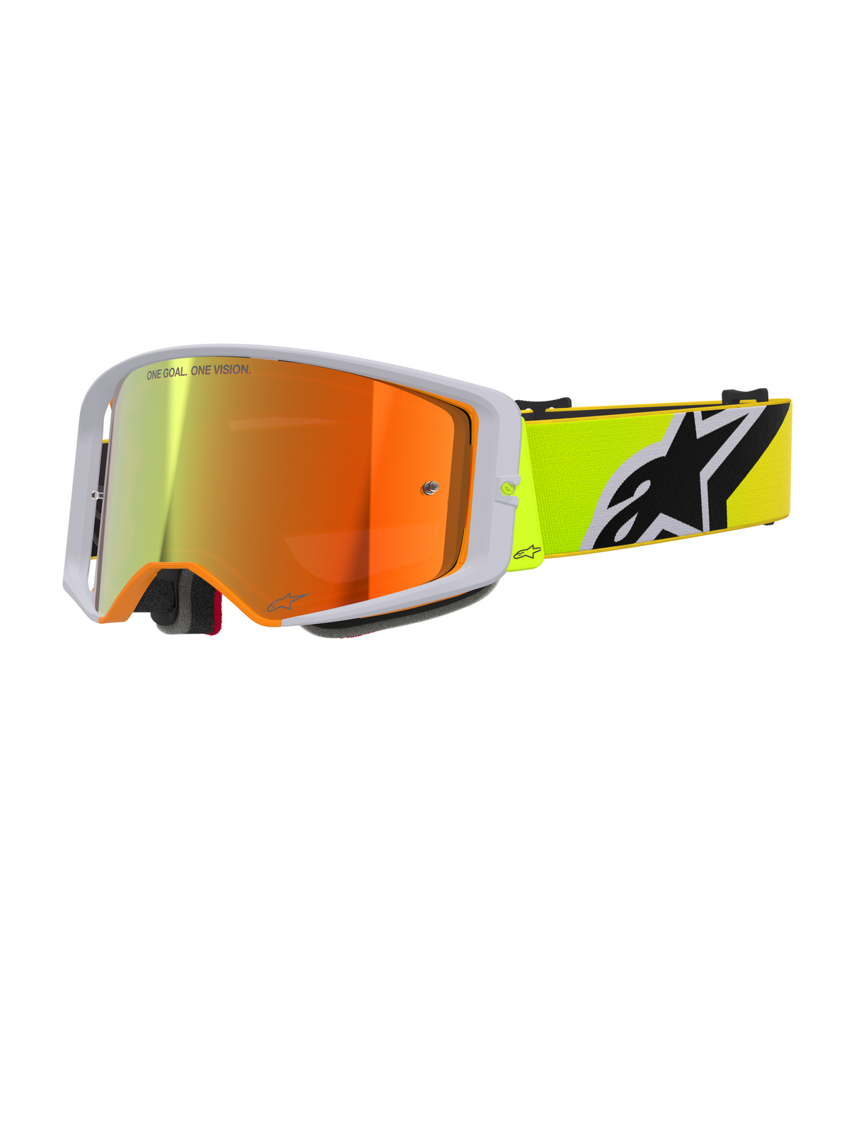 Alpinestars Supertech Corp Goggles Absolute Vision, Motocross Goggles, Yellow Fluo and Grey, Red Mirrored Lens with 'One Goal. One Vision.' text, fluorescent yellow strap with bold black and white Alpinestars logo, high-performance off-road eyewear