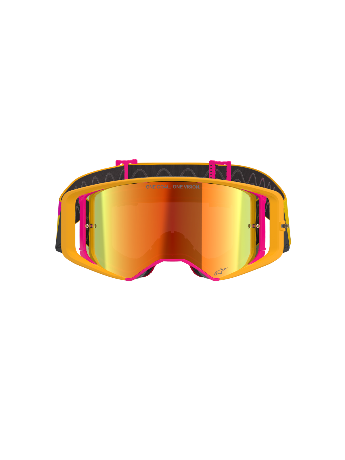Alpinestars Supertech Corp Goggles Absolute Vision, Motocross Goggles, Yellow and Pink frame with Red Mirror lens, front view, featuring 'ONE GOAL. ONE VISION.' text on the lens, adjustable black strap with silicone traction