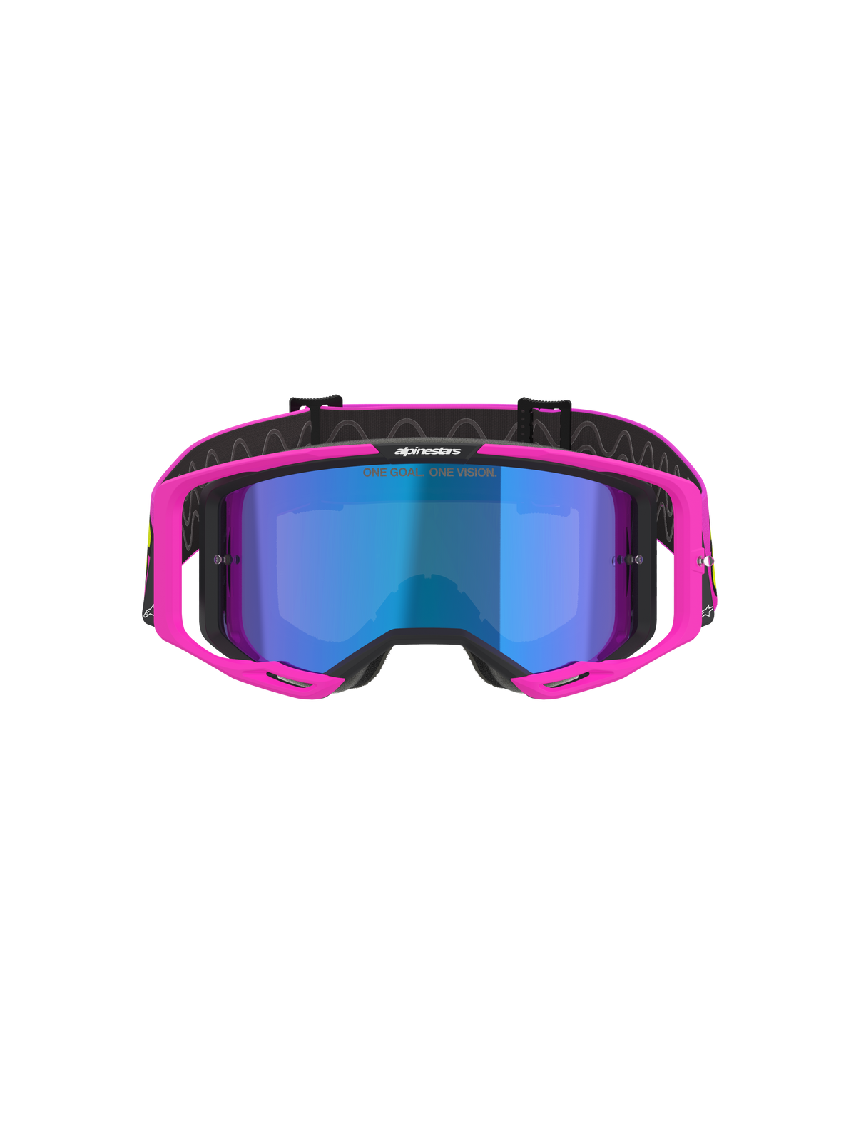 Alpinestars Vision 8 Vista Goggles, Motocross Goggles, Pink Fluo and Yellow Fluo with Mirror Blue Lens, vibrant pink frame, mirrored blue lens, black strap with 'ONE GOAL. ONE VISION.' branding, professional off-road racing eyewear