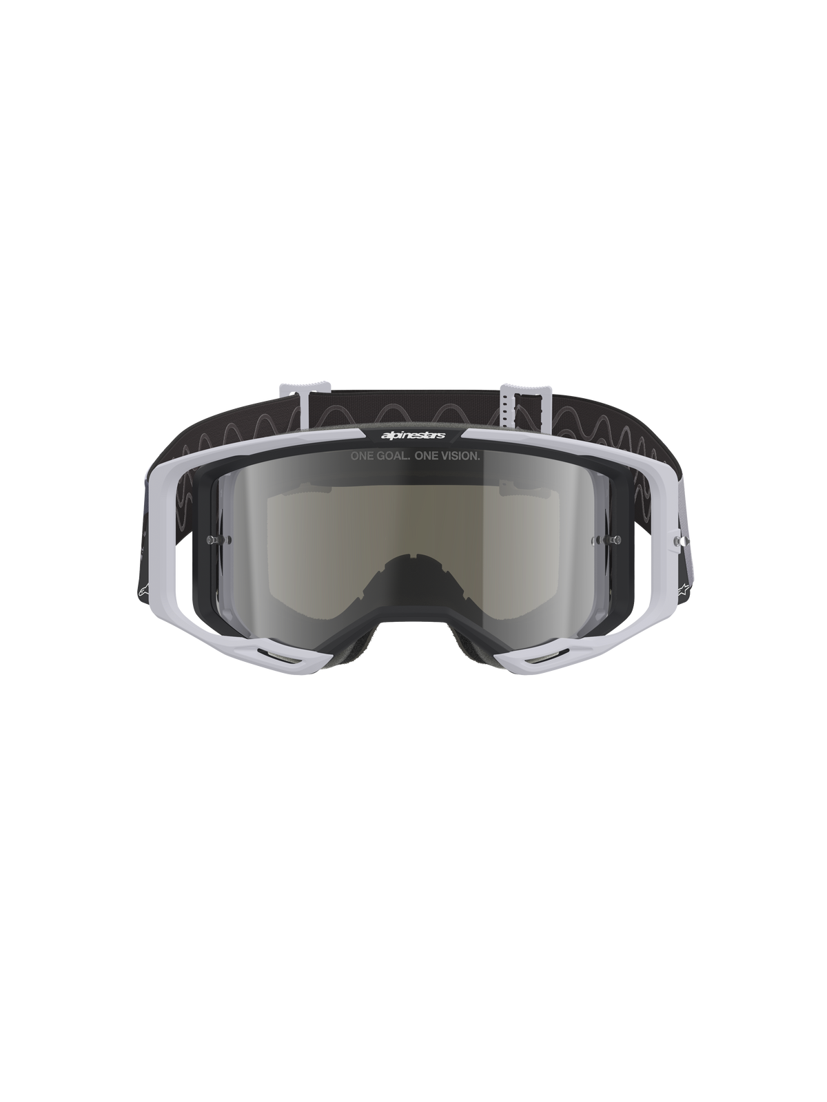 Alpinestars Vision 8 Lahnd Goggles, Motocross Goggles, Iron Camo Mirror Silver, light gray frame with a mirrored silver lens, black strap with wavy pattern, professional eyewear for off-road racing and motocross