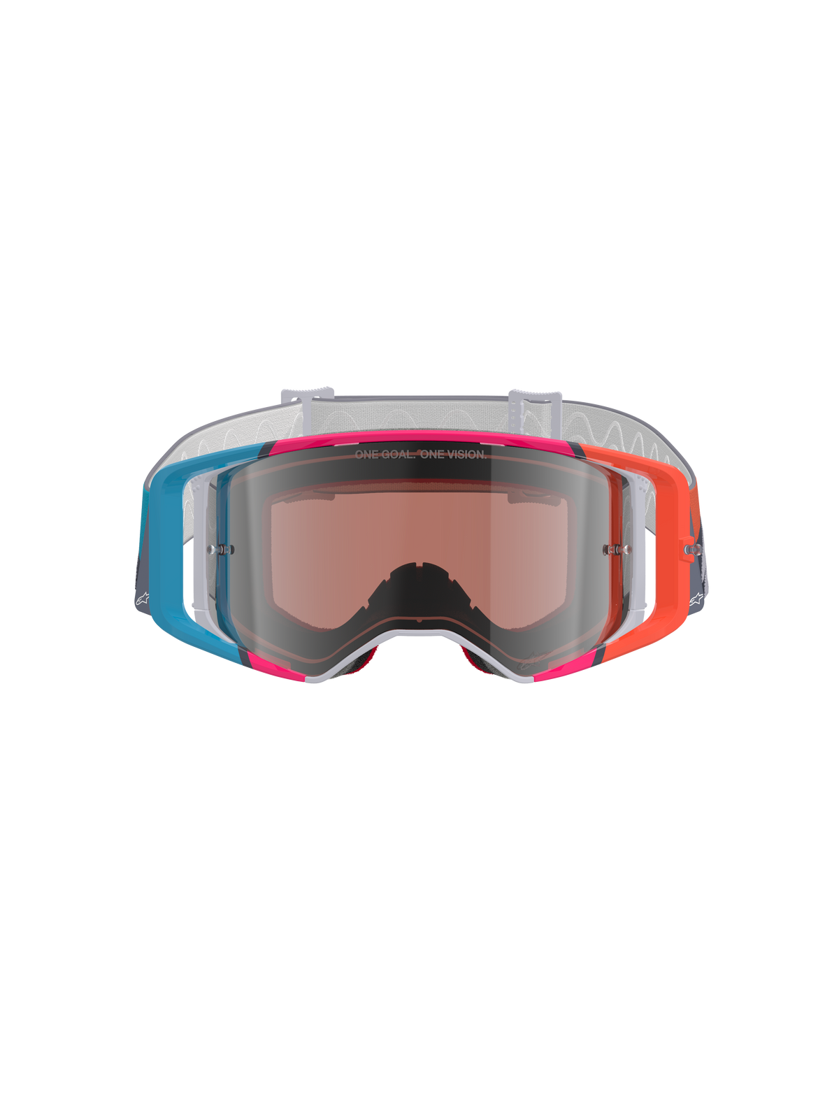 Alpinestars Supertech Stream Goggles, Motocross Goggles, vibrant multi-colored frame with blue, orange, and pink accents, Silver Mirror lens with 'ONE GOAL. ONE VISION.' text, white patterned strap, high-performance eye protection for off-road racing
