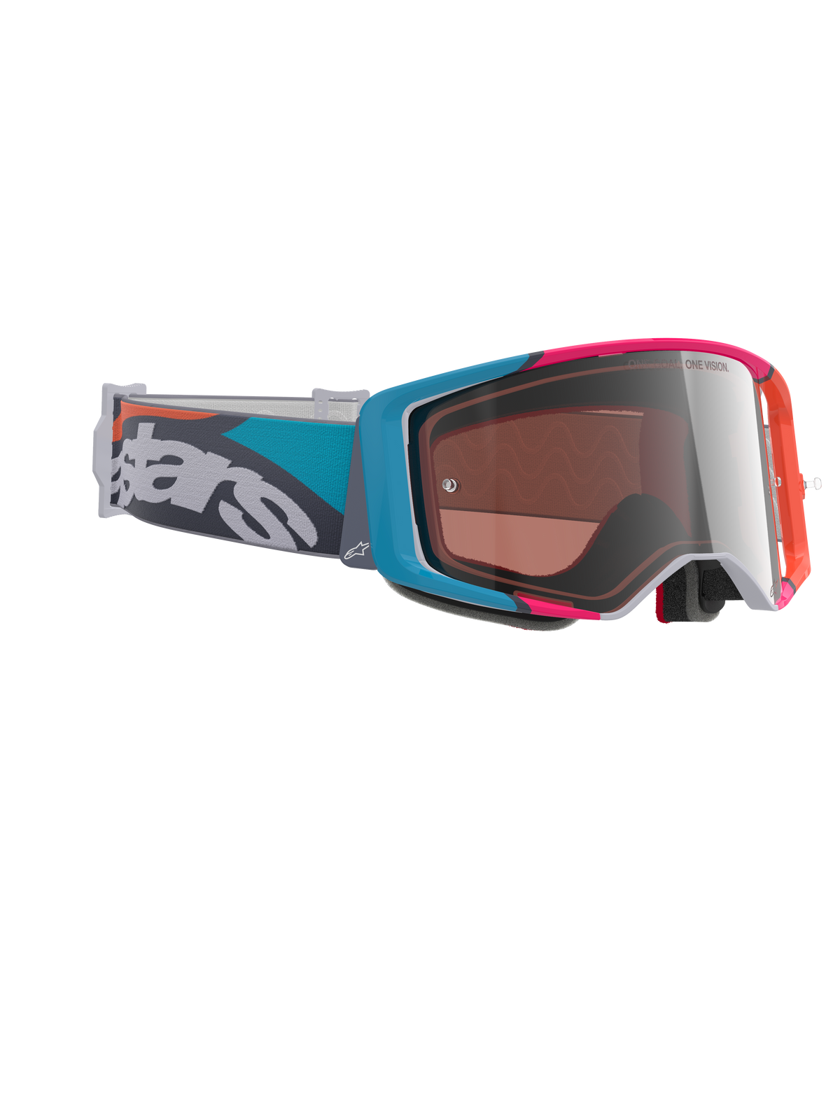 Alpinestars Supertech Stream Goggles, Motocross Goggles, Gray frame with Blue and Pink accents, Silver Multi Mirror Lens, Teal and Gray strap with bold white branding, high-performance off-road racing eyewear