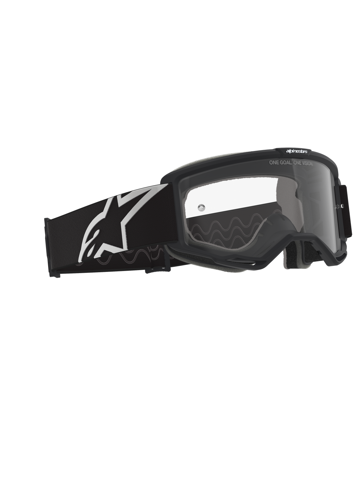 Alpinestars Vision Goggles OTG, Motocross Goggles, Black and Grey with Clear Lens, black frame featuring a wide strap with a white Alpinestars logo and grey silicone traction pattern, deep volume frame designed for prescription glasses, anti-fog lens with branding detail.