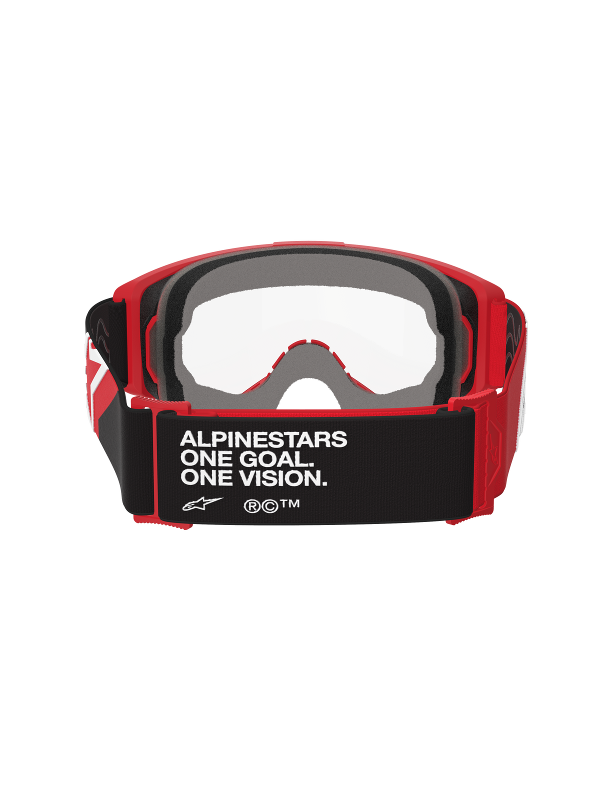 Alpinestars Vision Goggles OTG, Motocross Goggles, Red and Black with Clear Lens, back view showing black strap with 'ALPINESTARS ONE GOAL. ONE VISION.' text, thick multi-layer face foam, and red flexible frame for over-the-glasses fit