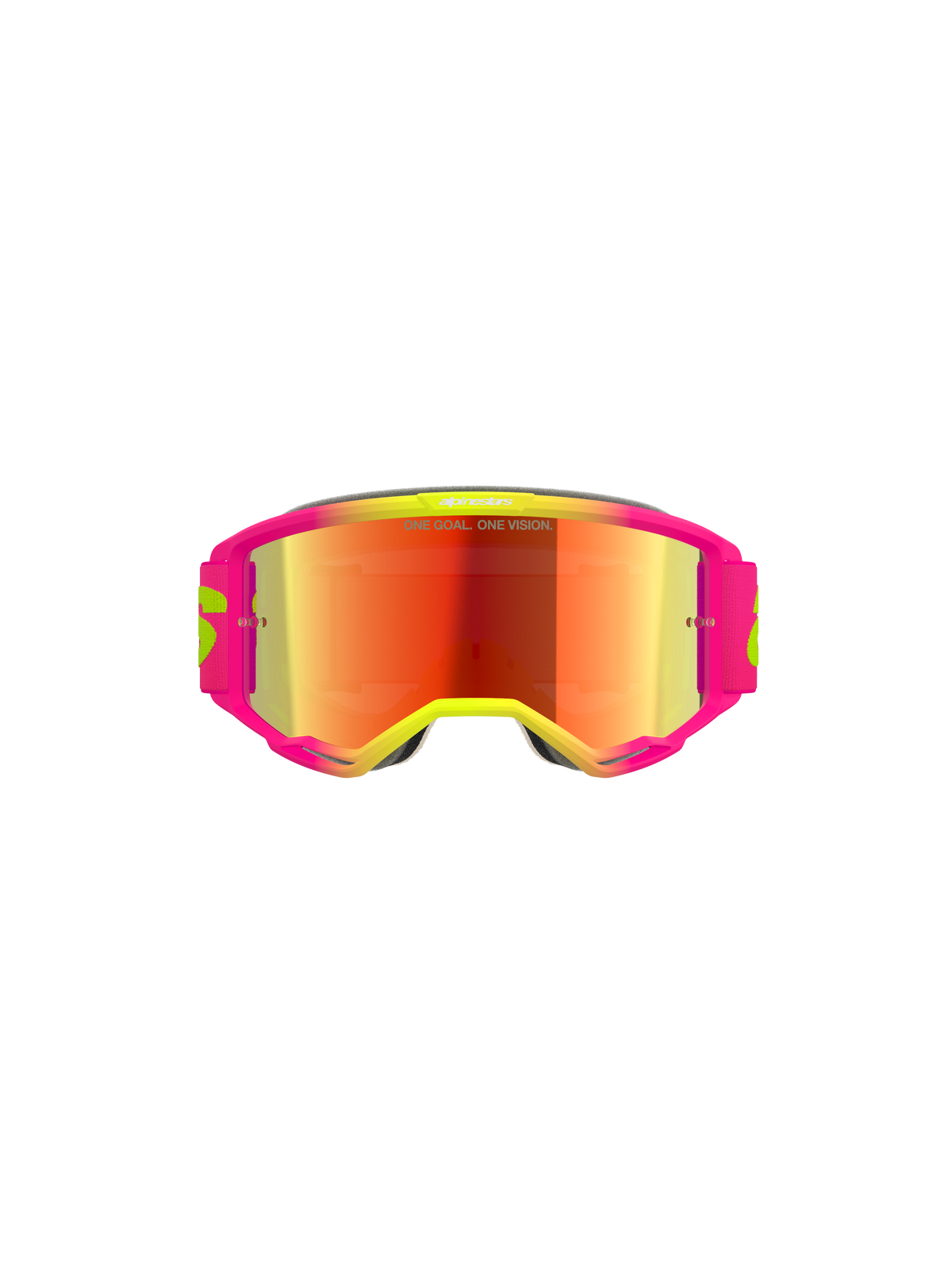 Alpinestars Vision 5 Wordmark Goggles, Motocross Goggles, Pink and Fluo Yellow frame with Red Mirror lens, featuring bold branding and "One Goal. One Vision." text on lens, high-performance off-road eyewear