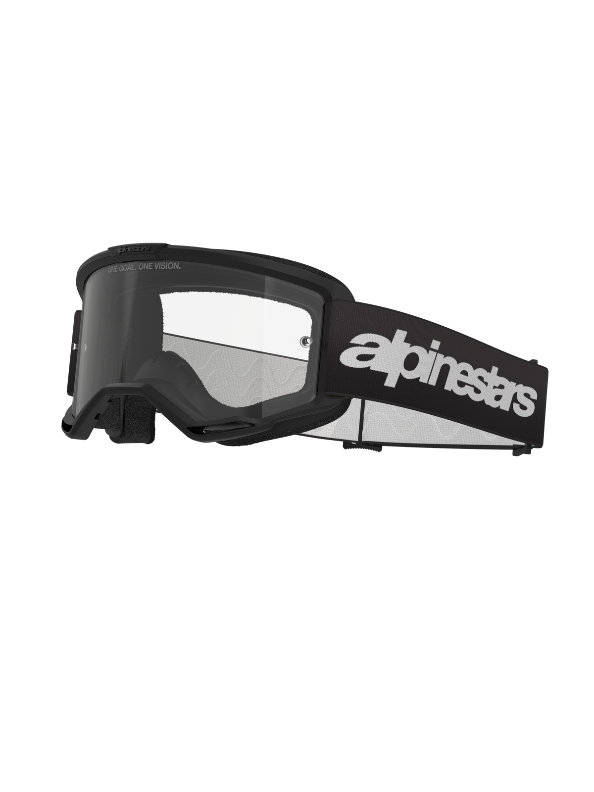 Alpinestars Vision 3 Wordmark Goggles, Motocross Goggles, Black and Clear, featuring bold white Alpinestars branding on the strap, a clear lens with 'ONE GOAL. ONE VISION.' text, and a sleek minimalistic frame design.