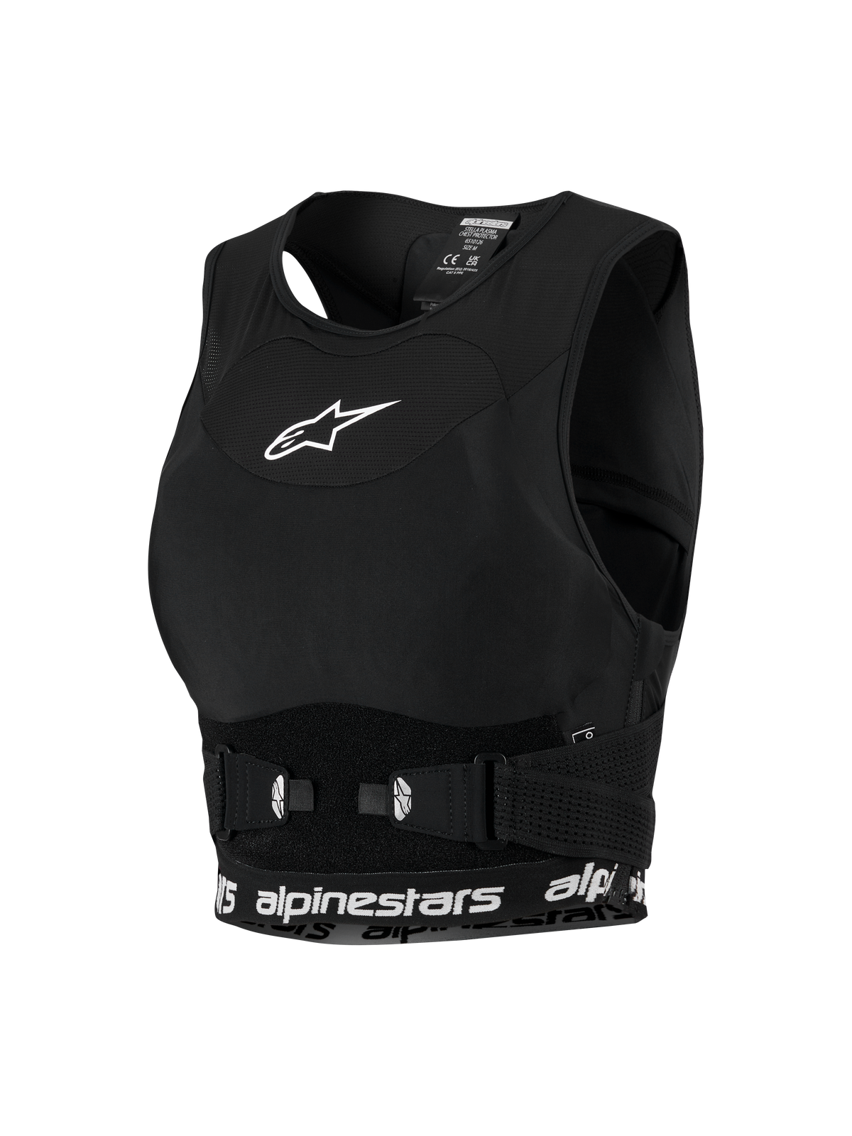 Alpinestars Woman Stella Plasma Chest Protector, Women's Motocross Gear, Black with White details, sports-bra style mesh chassis, featuring a white star logo on the chest and branded lower band, adjustable side buckles for a secure fit