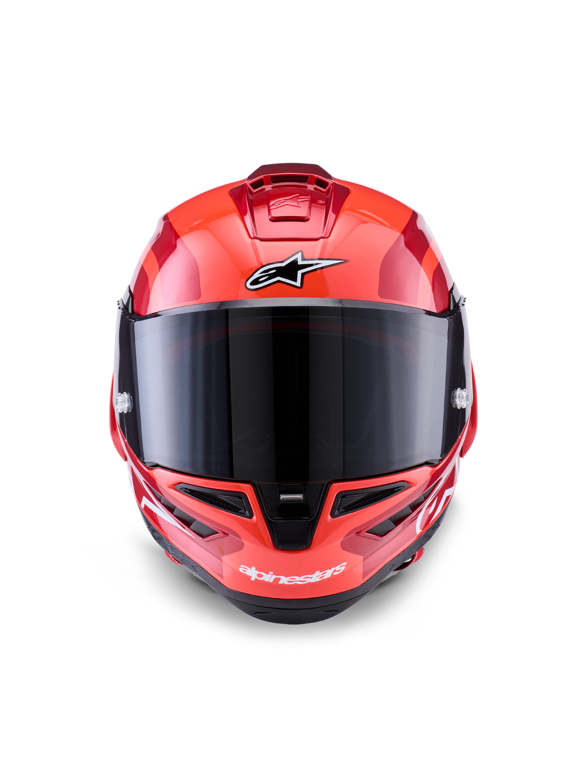 Alpinestars Supertech R10 Arius Helmet, Full-Face Racing Helmet, Red with White and Black accents, front view with dark smoke visor, featuring Alpinestars branding on the forehead and chin, glossy finish with aerodynamic ventilation ports