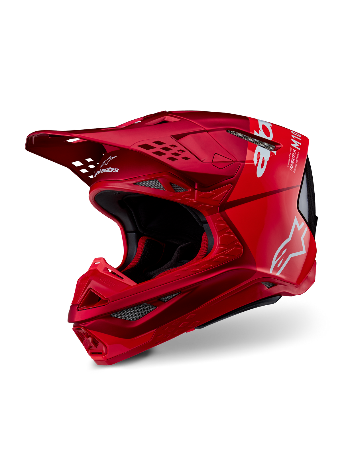 Alpinestars Supertech M10 Flood Helmet, Motocross Helmet, Red and Fluo Red Matte and Glossy, featuring white Alpinestars logos, aerodynamic profile with multiple ventilation ports, lightweight carbon composite shell for off-road racing