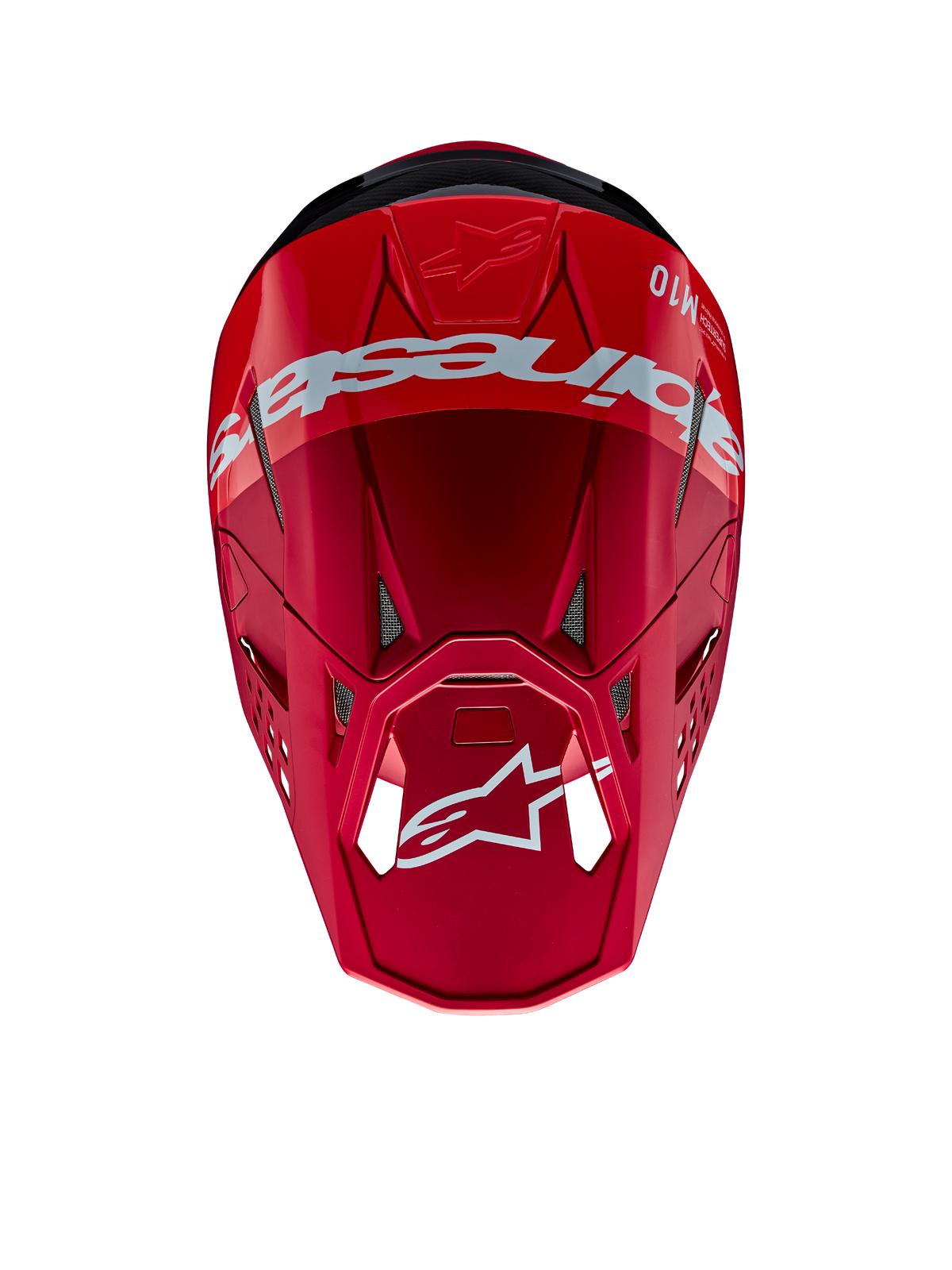 Alpinestars Supertech M10 Flood Helmet, Motocross Helmet, Red and Fluo Red with Matte and Glossy finish, top-down perspective showing bold Alpinestars branding and logo, advanced aerodynamic shell with integrated ventilation ports for off-road racing